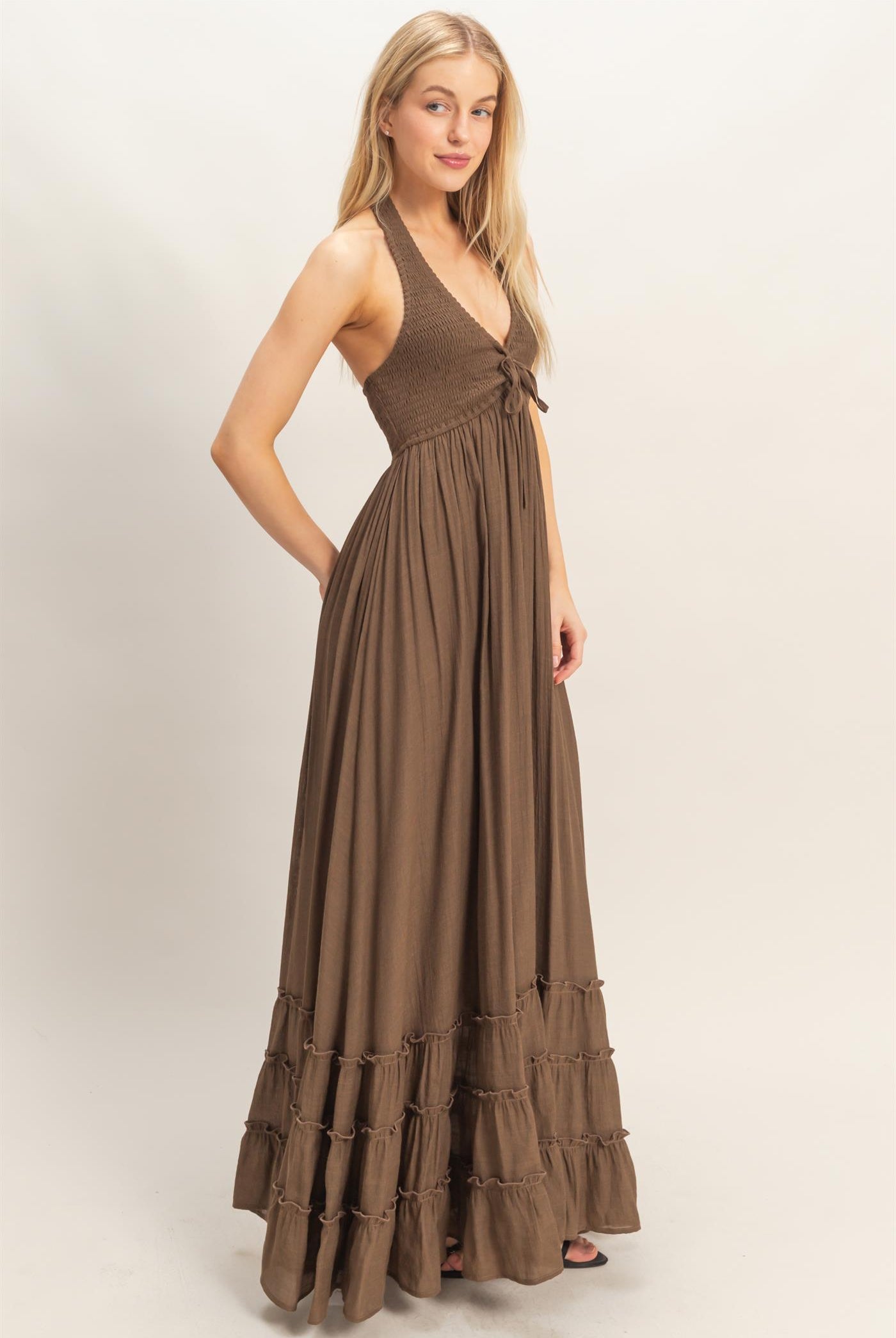 Wholesale Halter Neck Smocked Maxi Dress Dresses HF26C287-D CHOCOLATE HYFVE