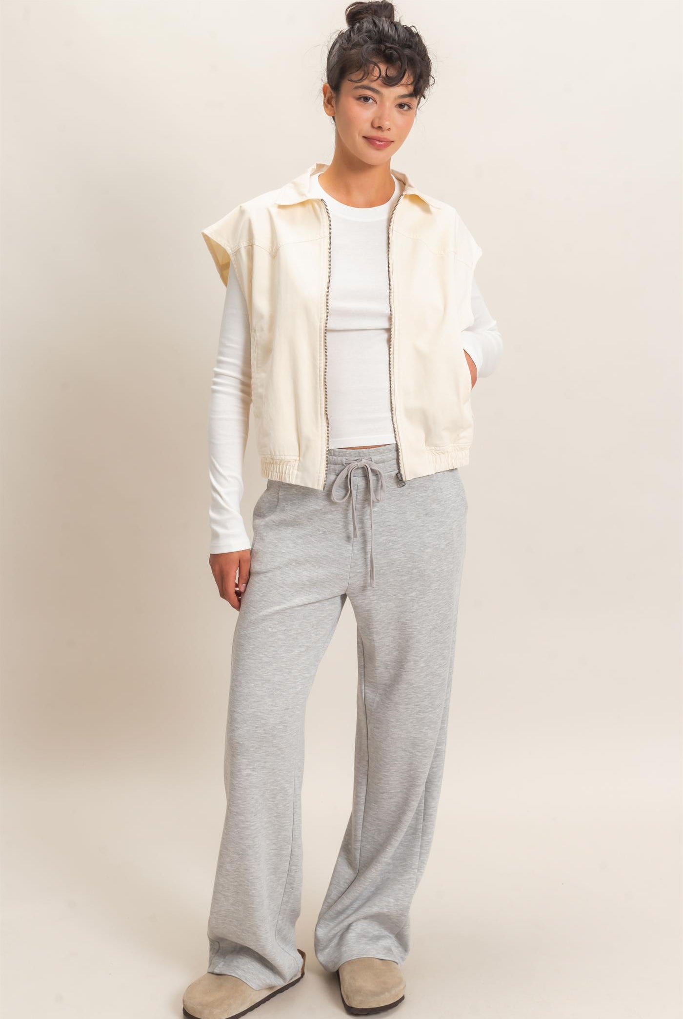 Wholesale Mineral Wash Sleeveless Zip-Up Collar Vest Vests DZ26E392 IVORY DOUBLE ZERO