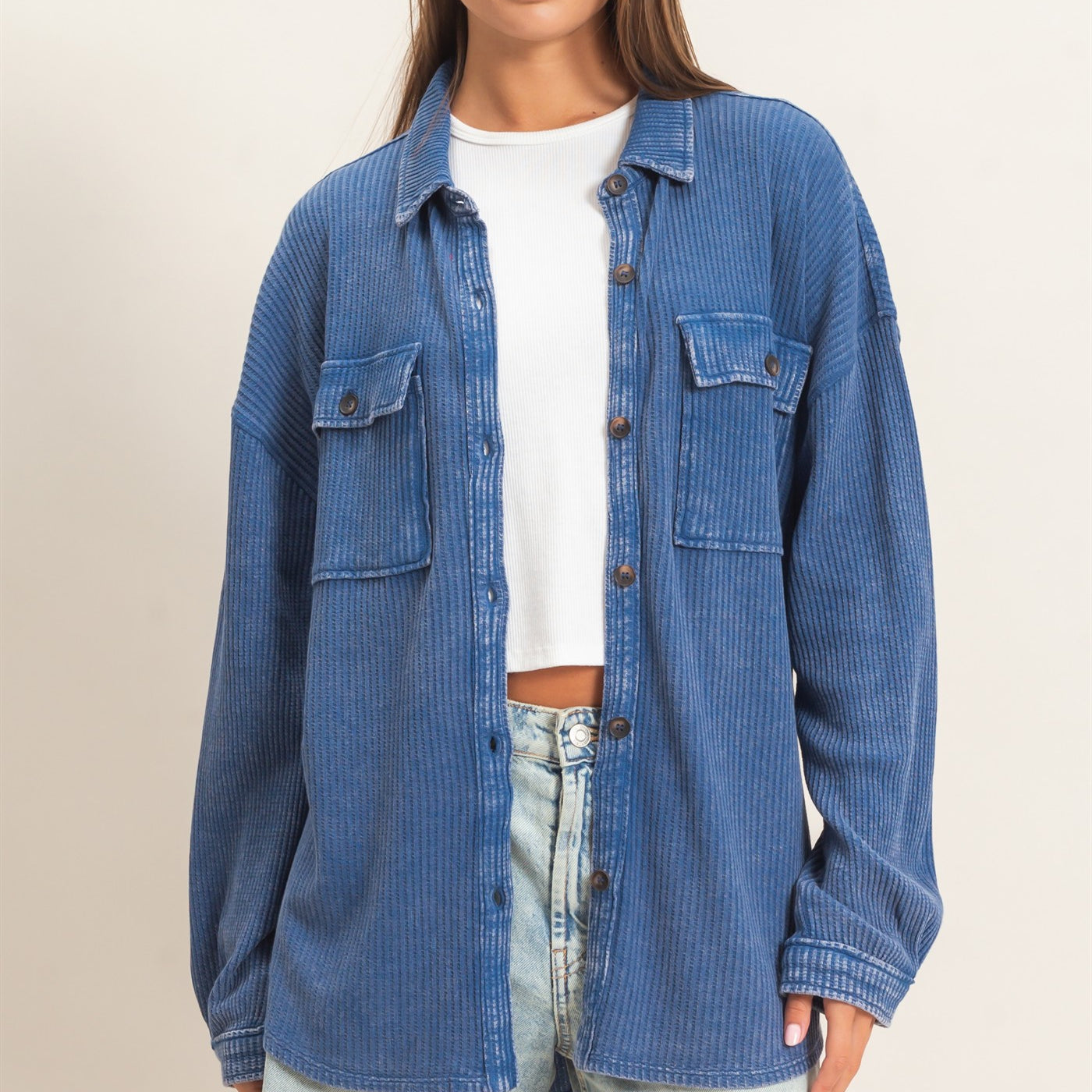 Wholesale Mineral Wash Waffle Knit Button-Up Shacket Coats & Jackets DZ26E249 NAVY DOUBLE ZERO