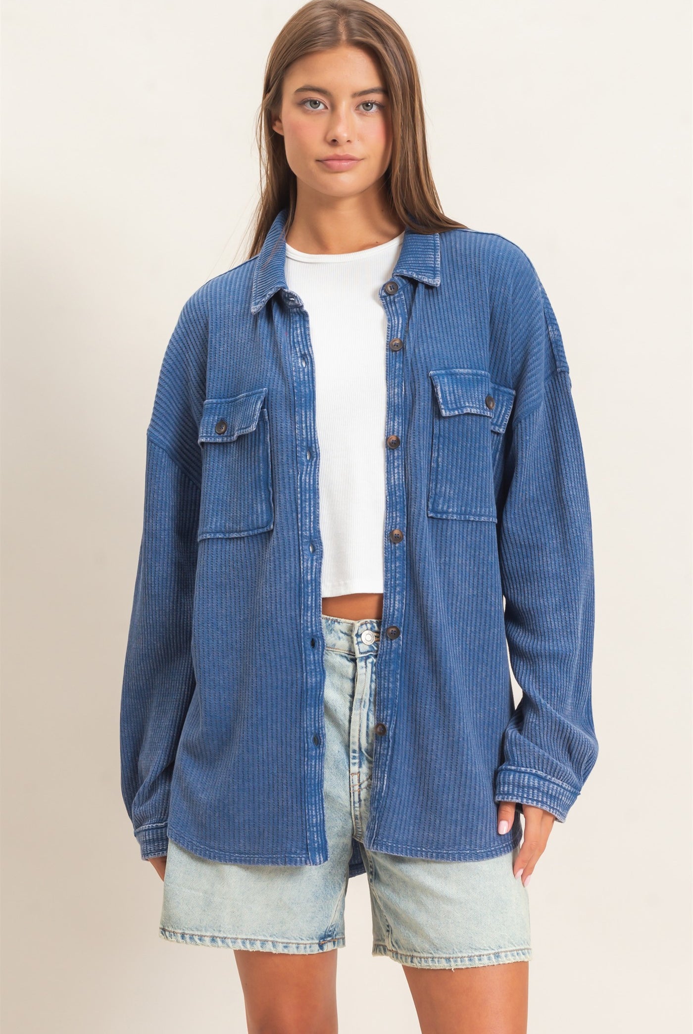 Wholesale Mineral Wash Waffle Knit Button-Up Shacket Coats & Jackets DZ26E249 NAVY DOUBLE ZERO