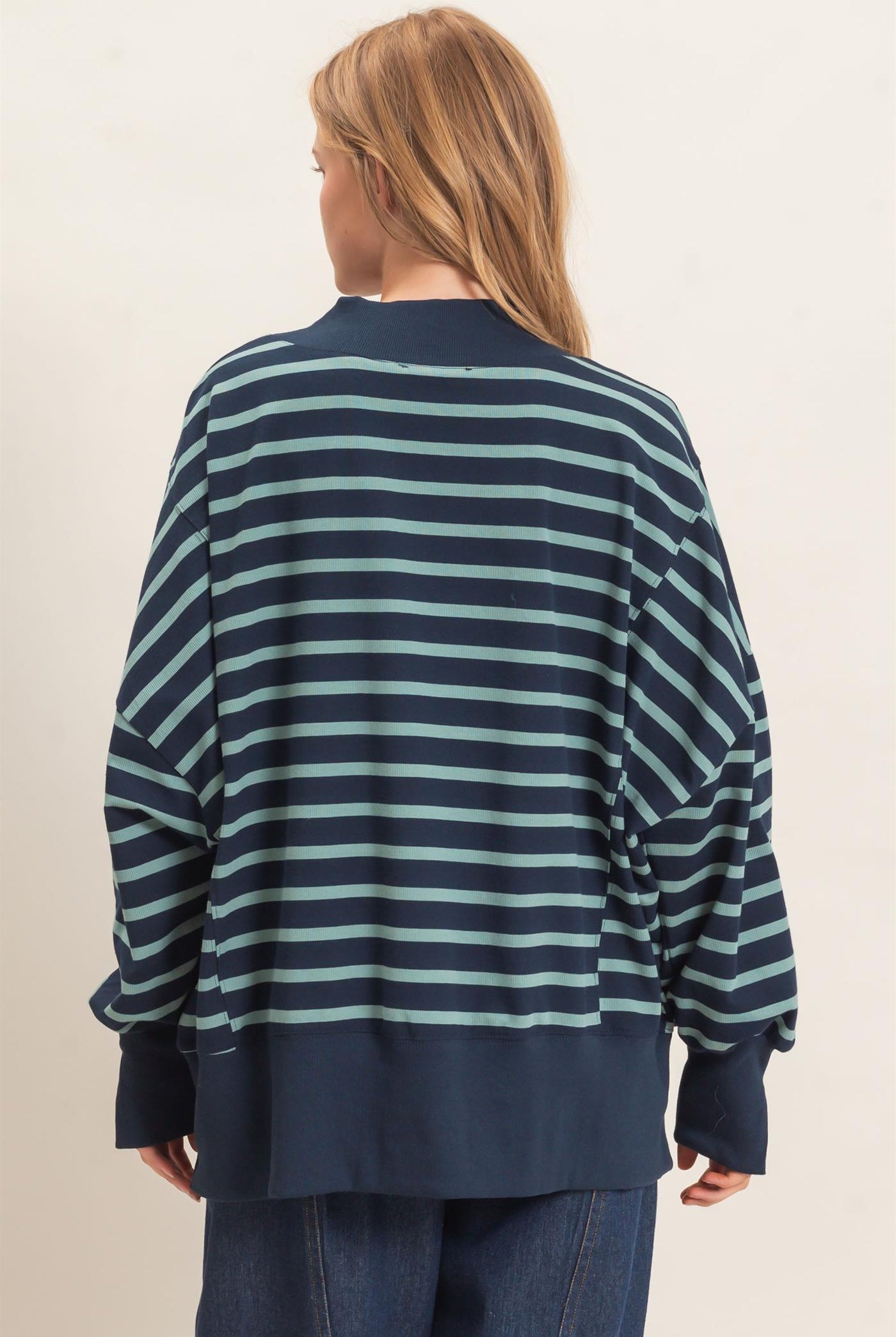 Wholesale Striped Mock Neck Sweatshirt Sweatshirts HF27A178-D NAVY/SAGE HYFVE