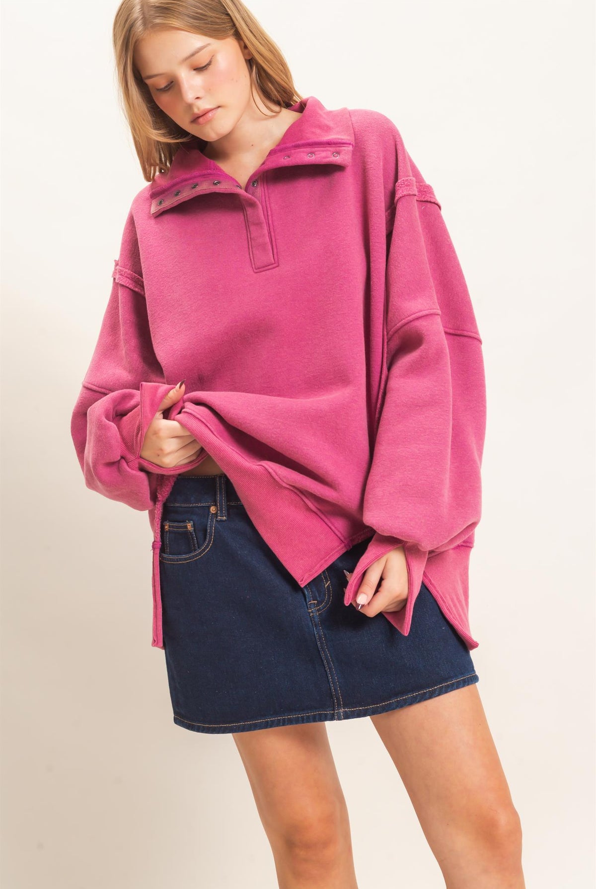 Wholesale Mineral Wash Snap Collar Pullover Clothing Tops HF26F086-D PURPLE HYFVE