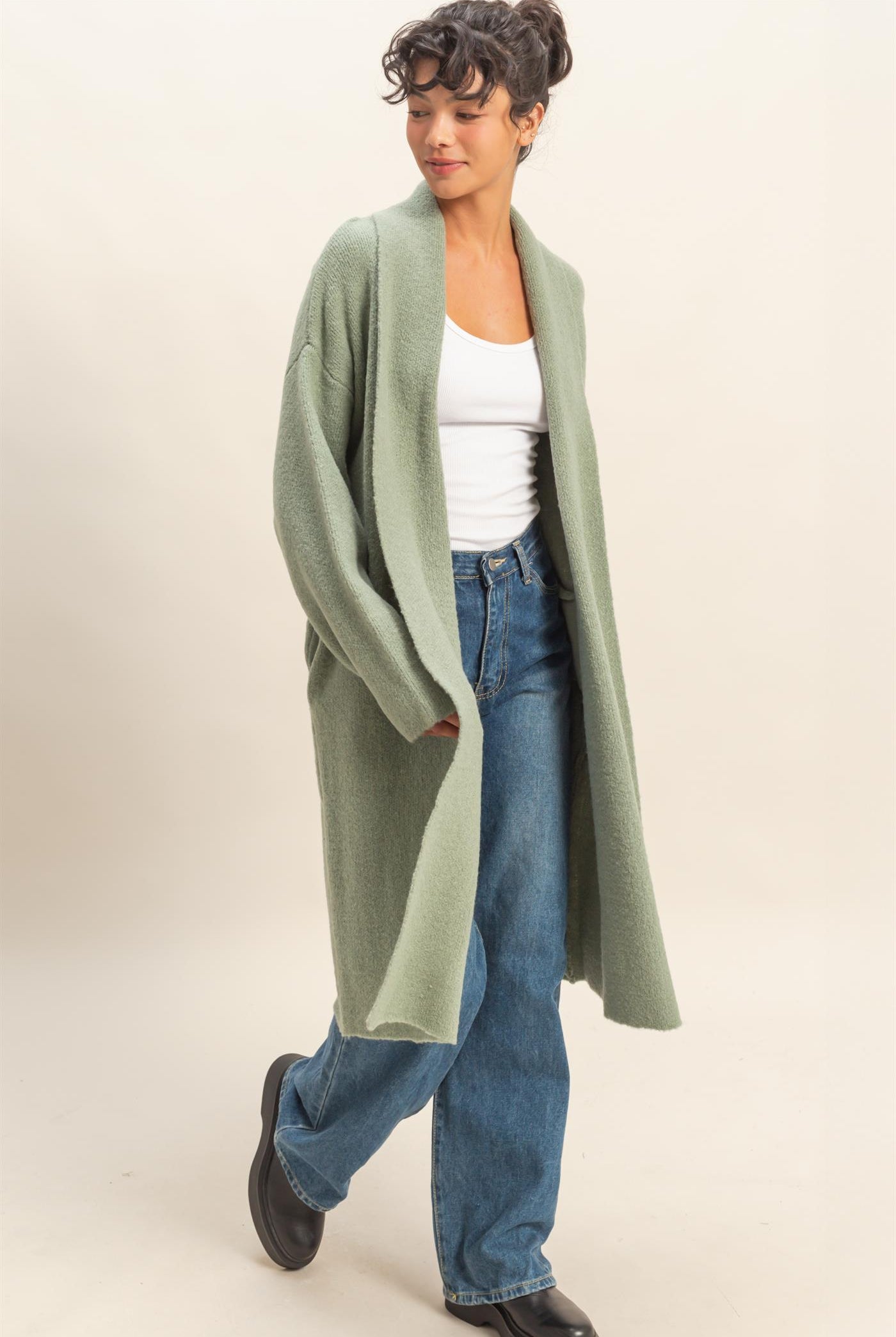 Wholesale Longline Open Front Duster Sweater Cardigans DZ25F435 SAGE GREEN DOUBLE ZERO