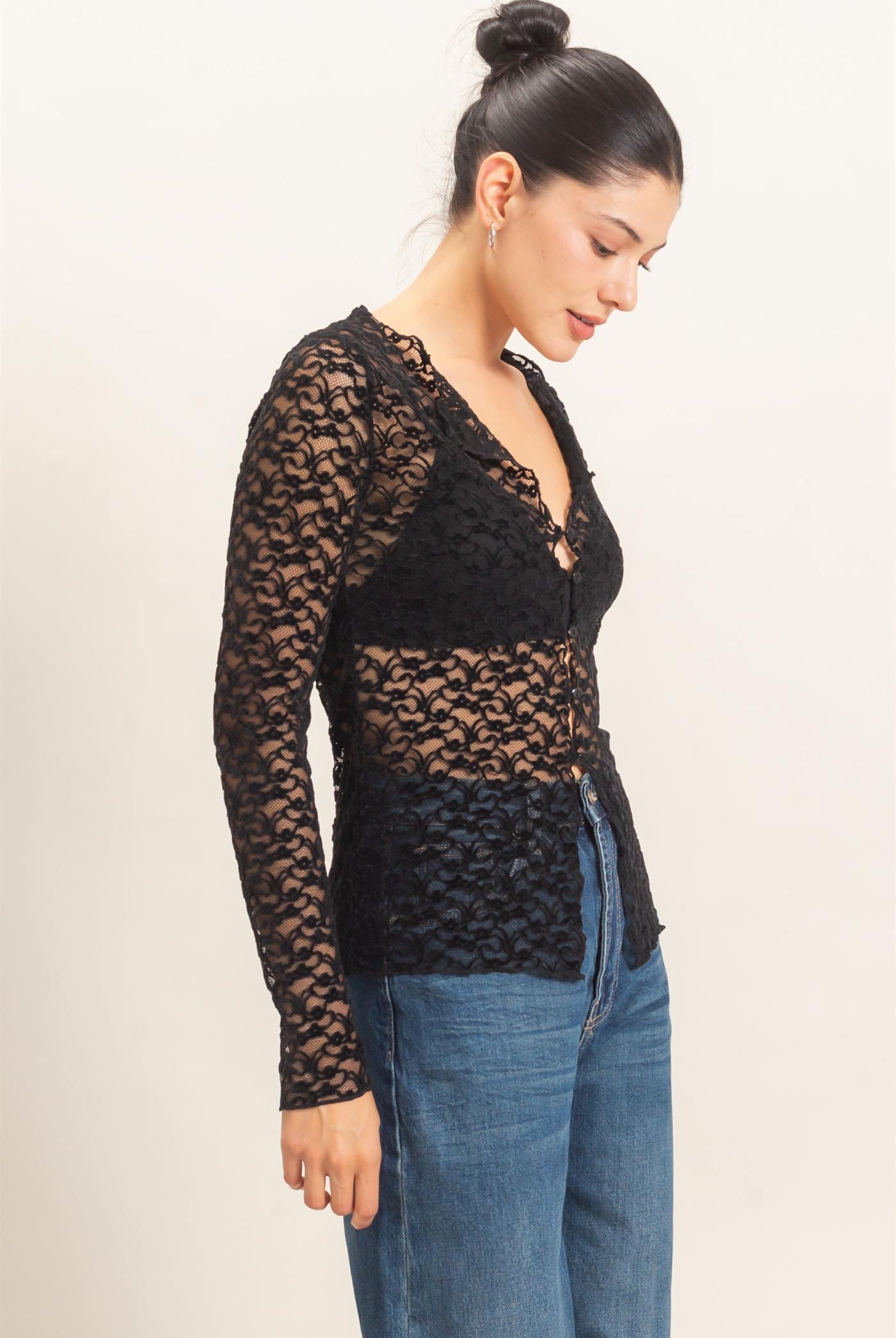 Wholesale Flocked Lace Long Sleeve Cardigan Clothing Tops HF26E415 BLACK HYFVE