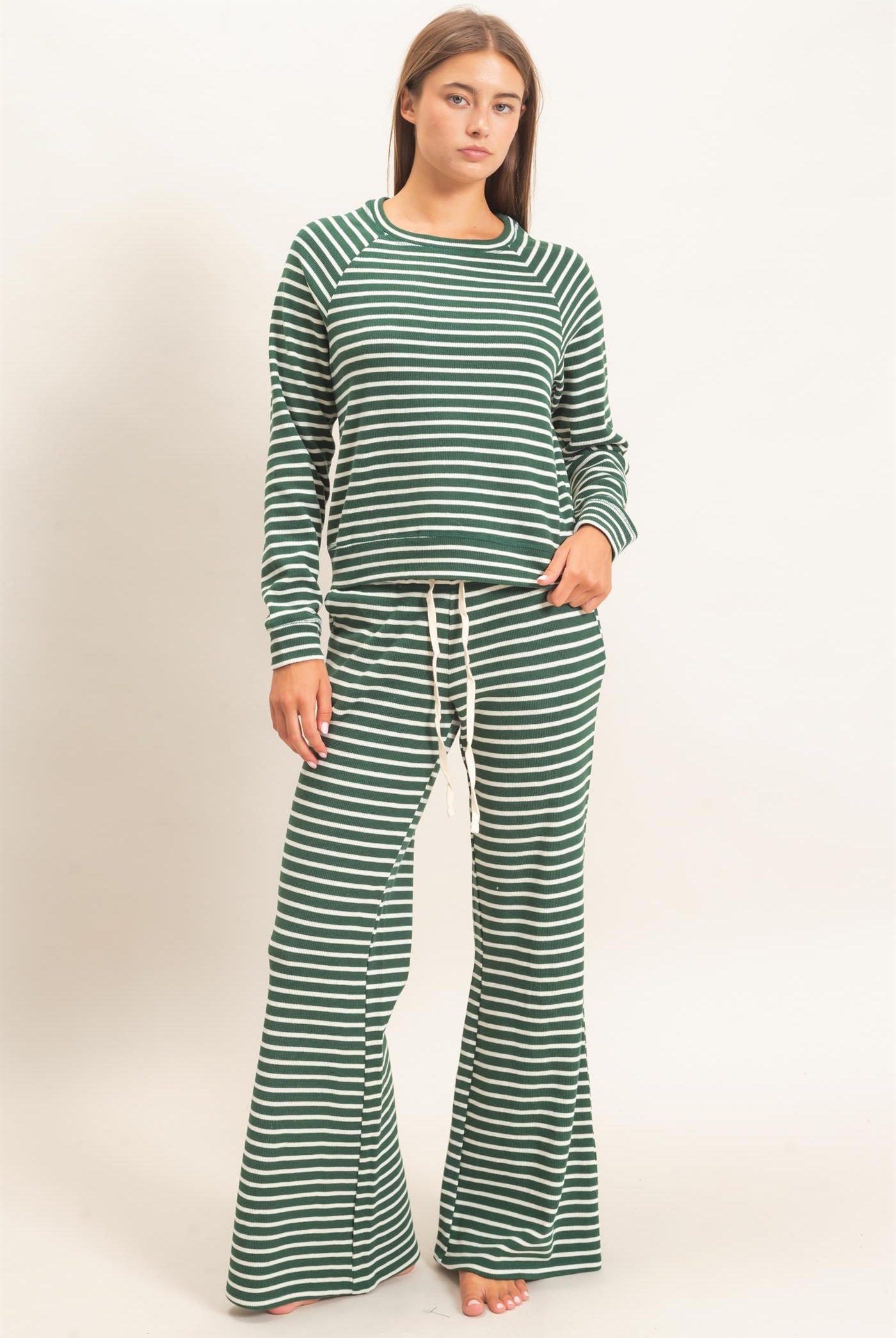 Wholesale Low Rise Striped Waffle Knit Pants Pants DZ26E553 DARK GREEN DOUBLE ZERO