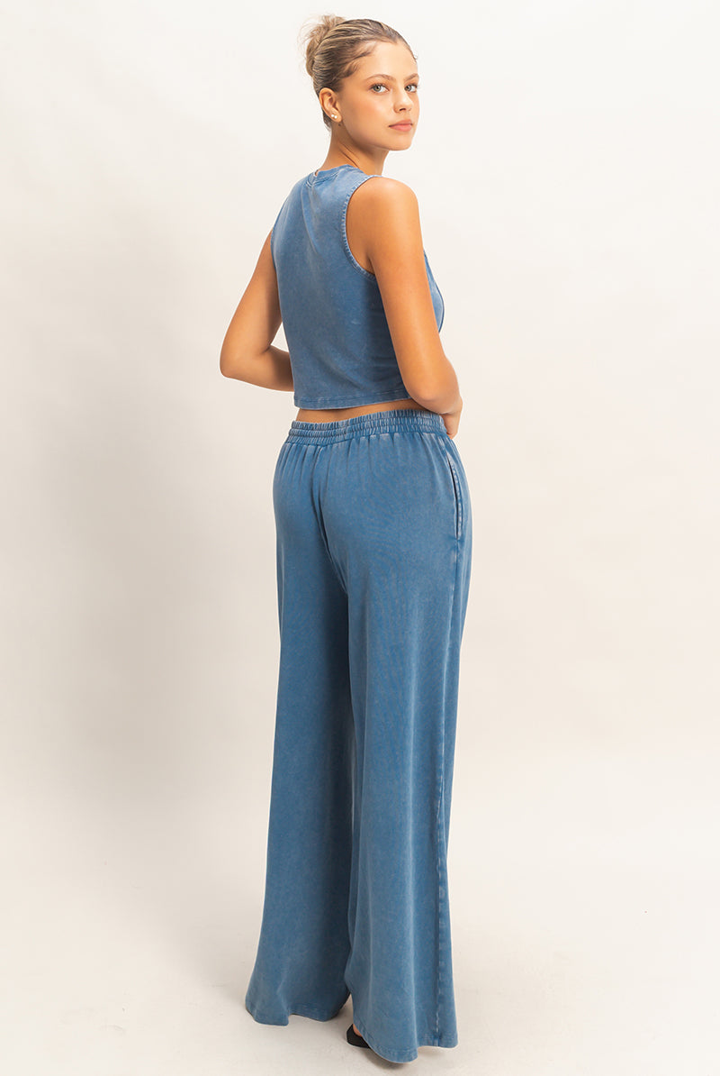 Wholesale Mineral Washed Sleeveless Top & Wide Leg Pants Set Clothing DZ26A371-SET NAVY DOUBLE ZERO