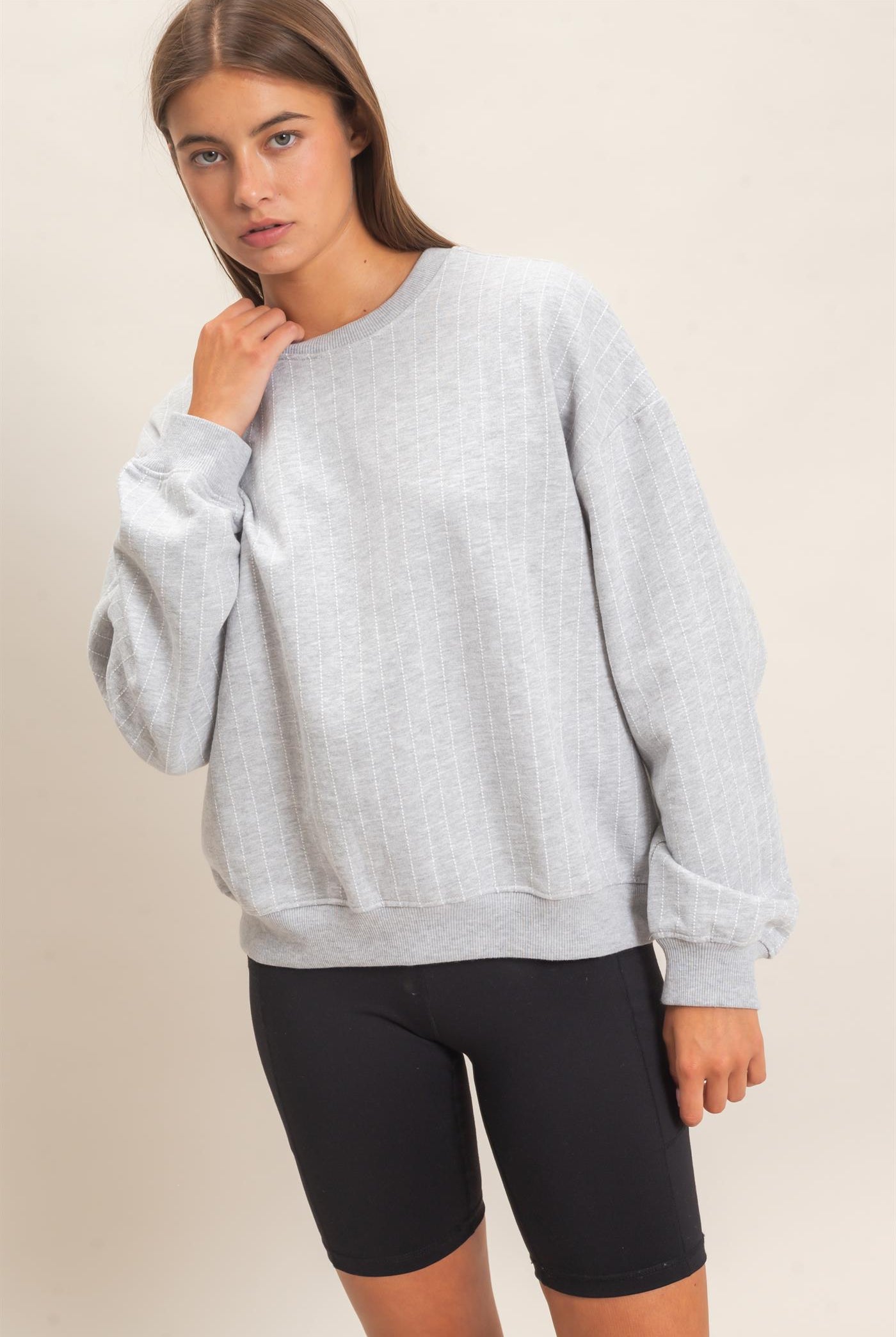 Wholesale Pinstripe Crew Neck Sweatshirt Sweatshirts DZ26E627 HEATHER GRAY DOUBLE ZERO