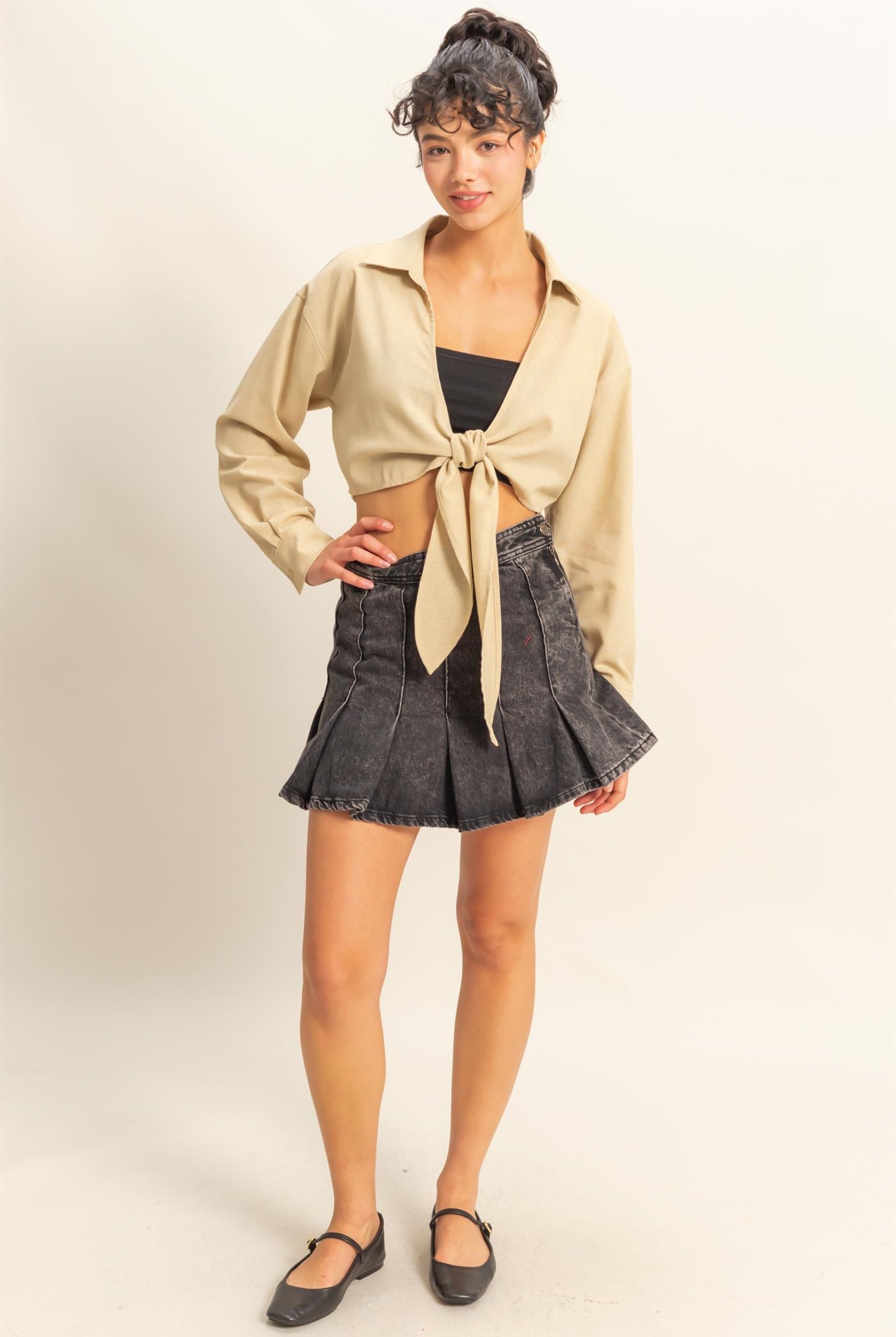 Wholesale Sand Washed Tie Front Crop Top Blouses DZ24C963 LIGHT TAUPE DOUBLE ZERO