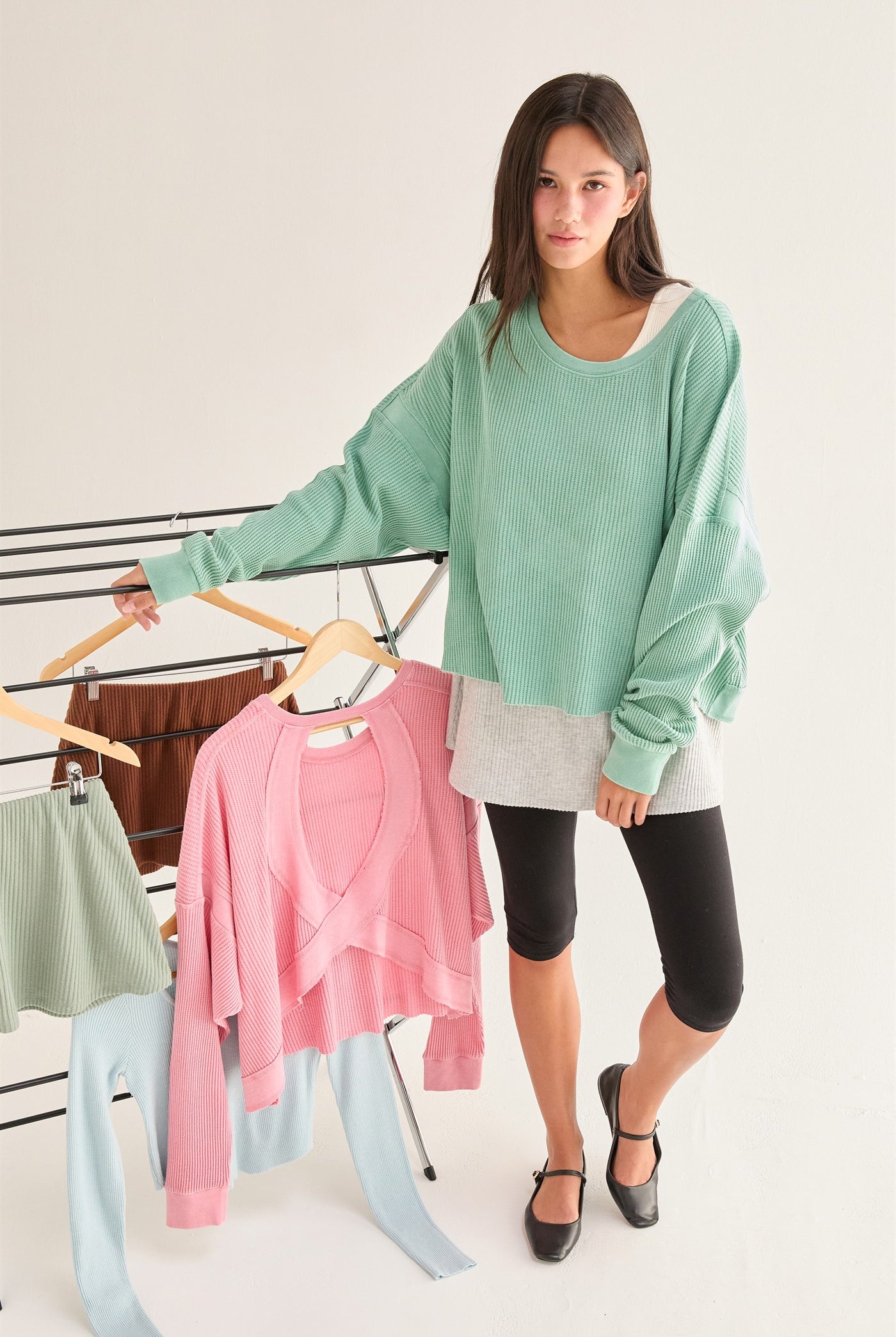 Wholesale Open Back Textured Knit Long Sleeve Top Clothing Tops DZ26A626 EMERALD DOUBLE ZERO