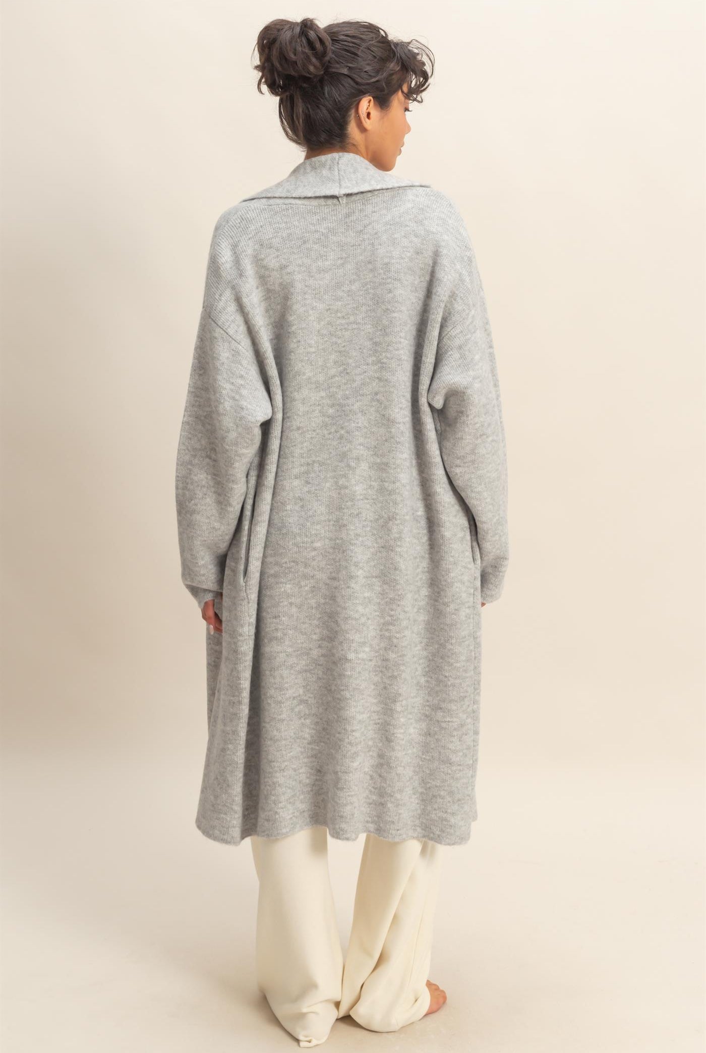 Wholesale Longline Open Front Duster Sweater Cardigans DZ25F435 HEATHER GRAY DOUBLE ZERO