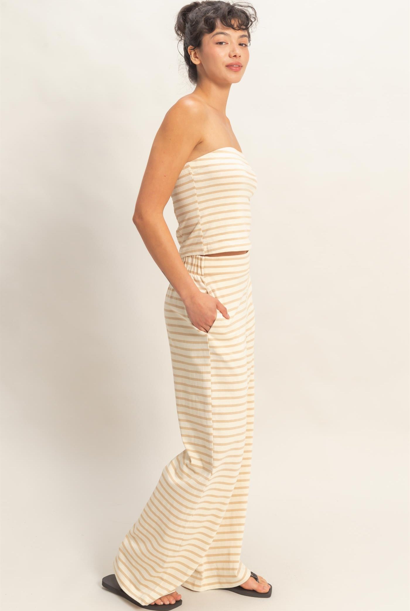 Wholesale Striped Jersey Tube Top And Pants Set Clothing DZ26C621-SET TAUPE DOUBLE ZERO