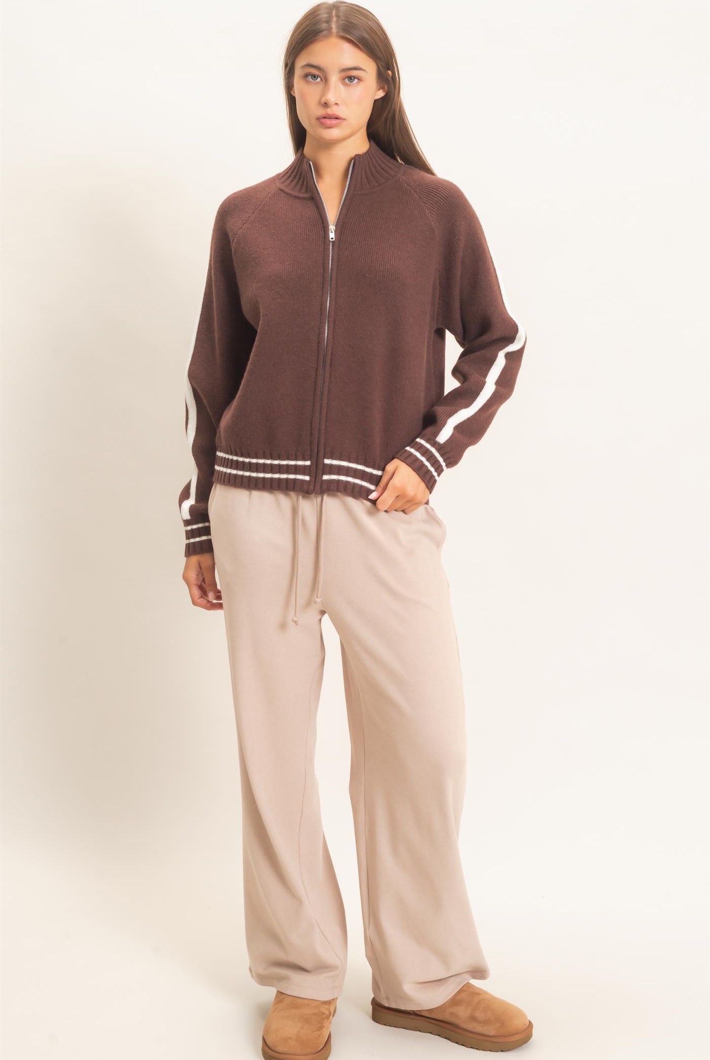 Wholesale Contrast Stripe Zip-Up Sweater Sweaters DZ26E861 DARK BROWN DOUBLE ZERO