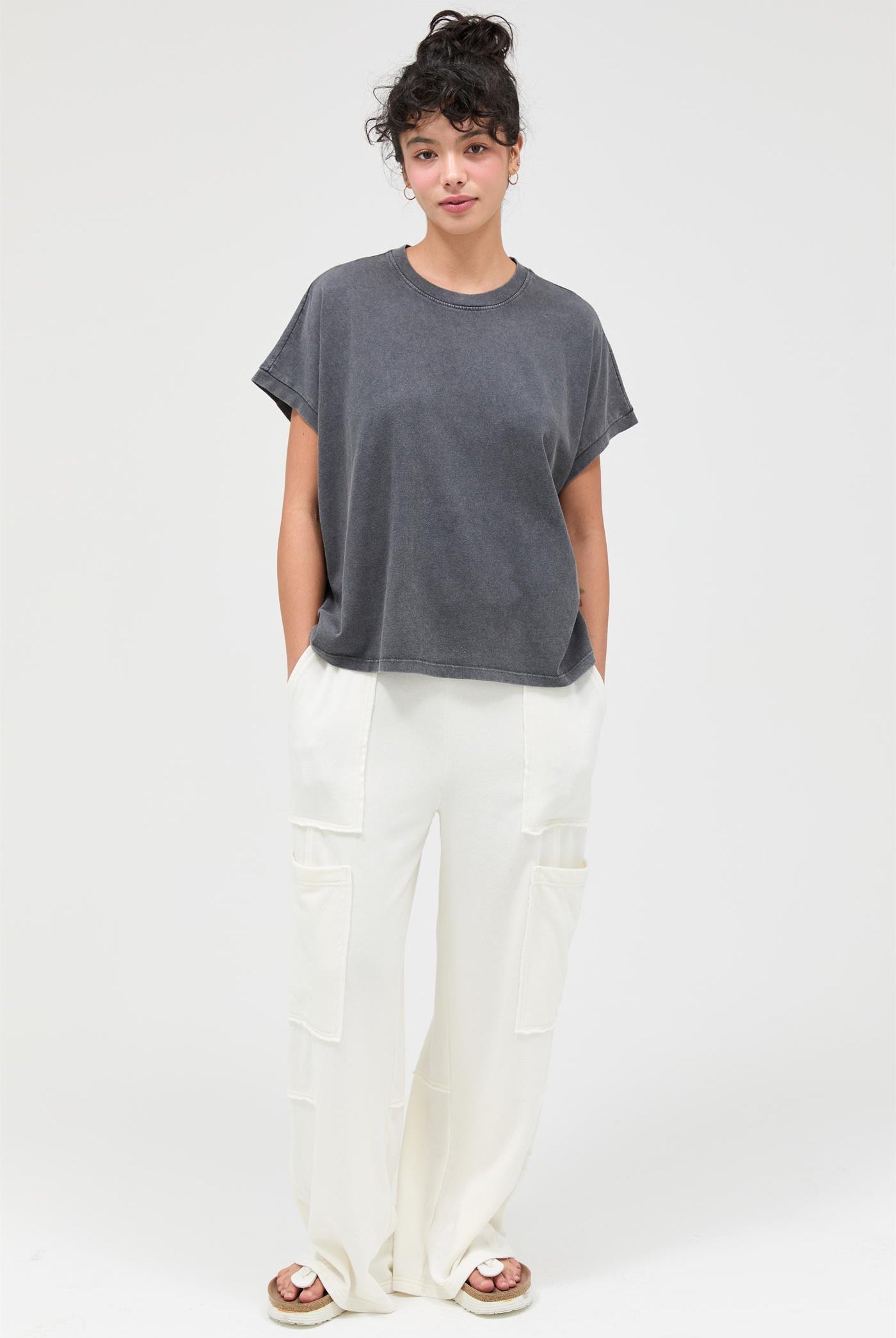Wholesale Capped Sleeve Mineral Wash T-Shirt T-Shirts DZ26A033 CHARCOAL DOUBLE ZERO