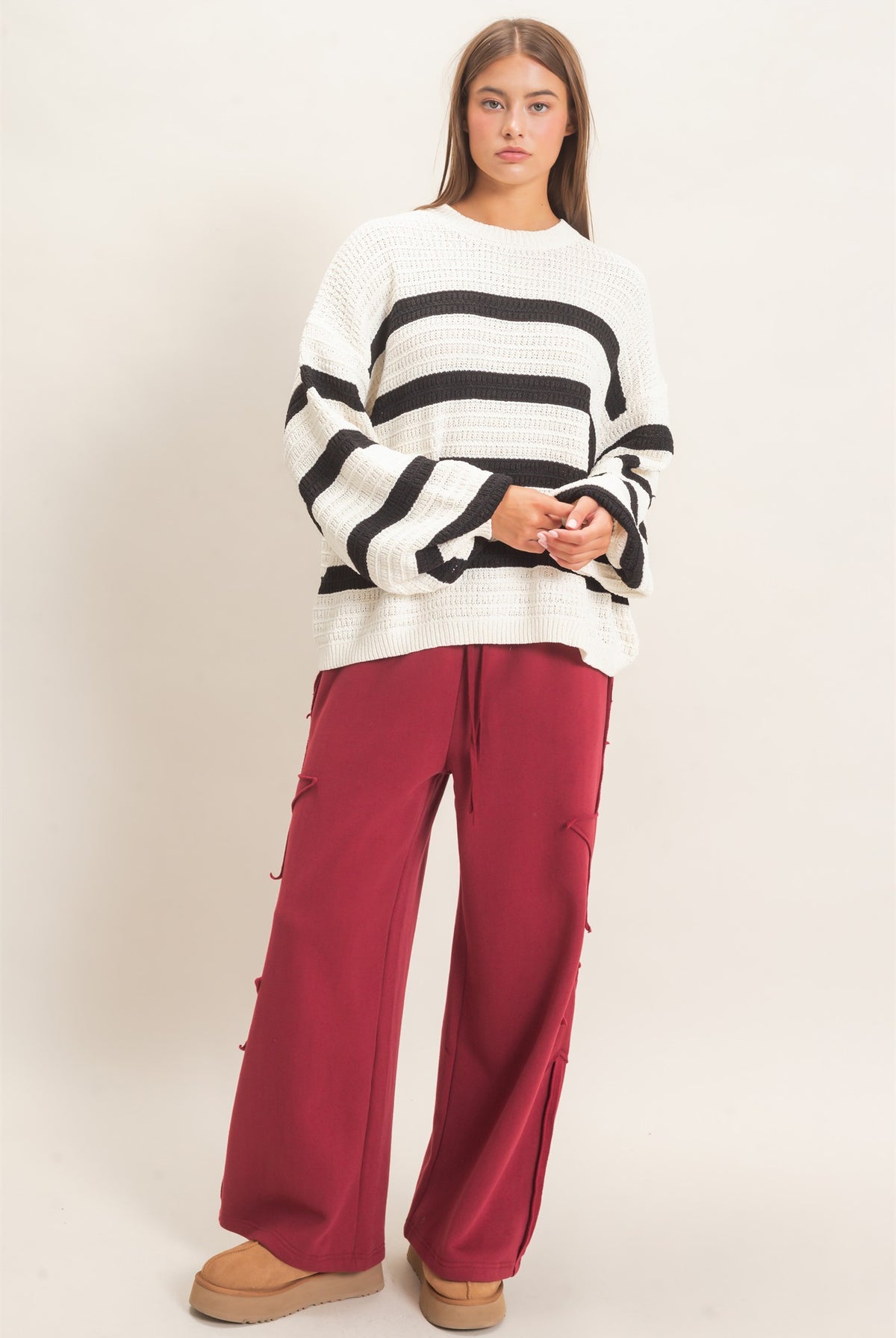 Wholesale French Terry Star Patch Sweatpants Pants DZ27A197 BURGUNDY DOUBLE ZERO