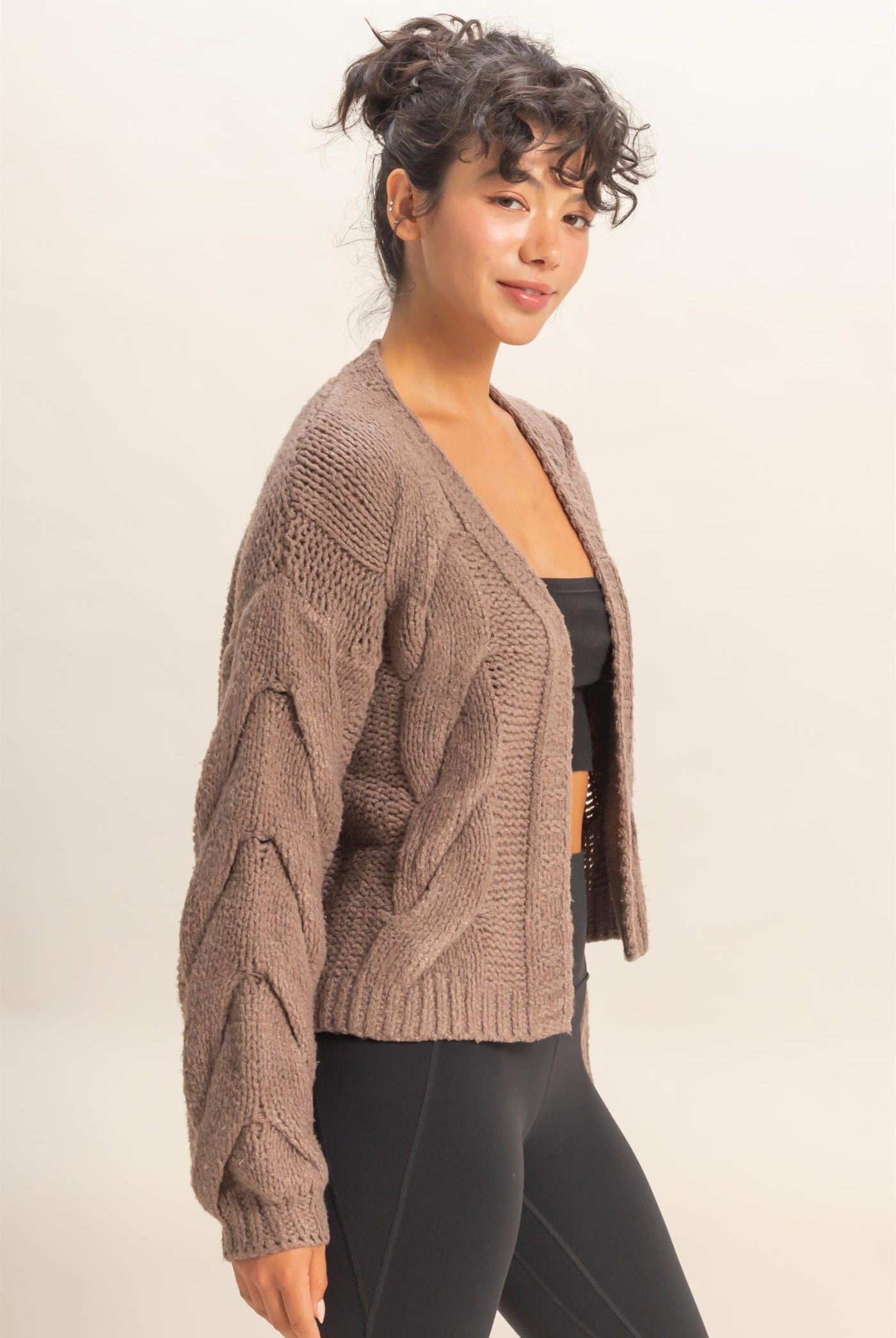Wholesale Oversized Cable Knit Open Front Cardigan Sweater Cardigans DZ25F072 LIGHT TAUPE DOUBLE ZERO