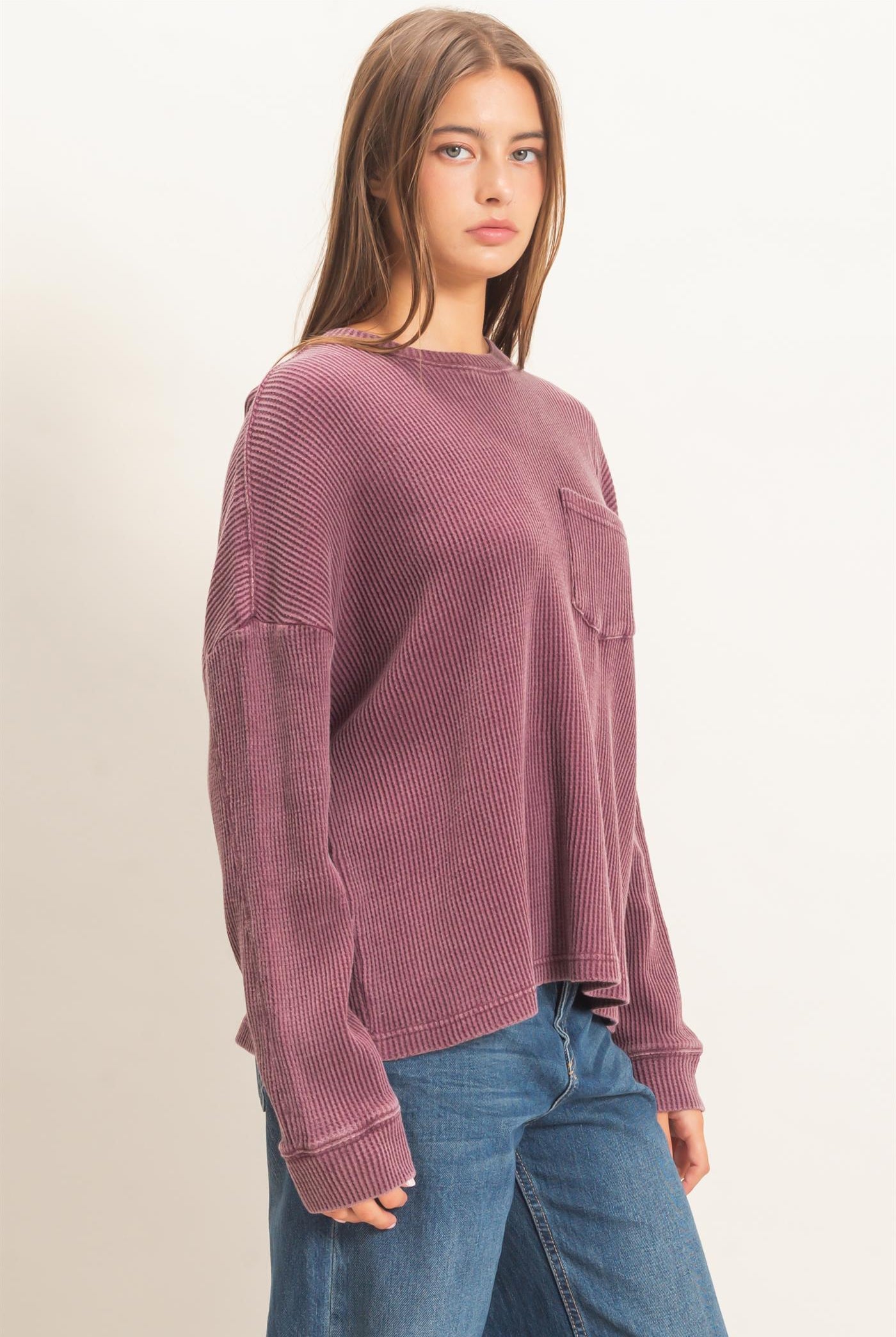 Wholesale Mineral Wash Waffle Long Sleeve Top Clothing Tops DZ26F242 DARK CHERRY DOUBLE ZERO