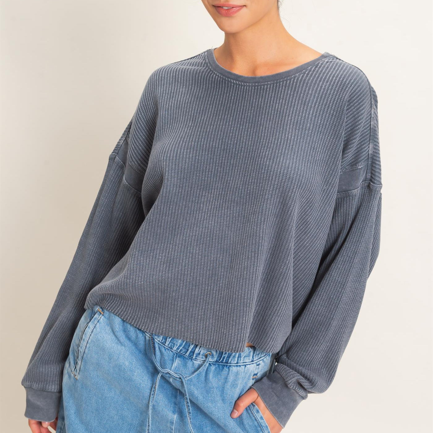 Wholesale Mineral Wash Waffle Open Back Top Clothing Tops DZ26C964 DARK GRAY DOUBLE ZERO