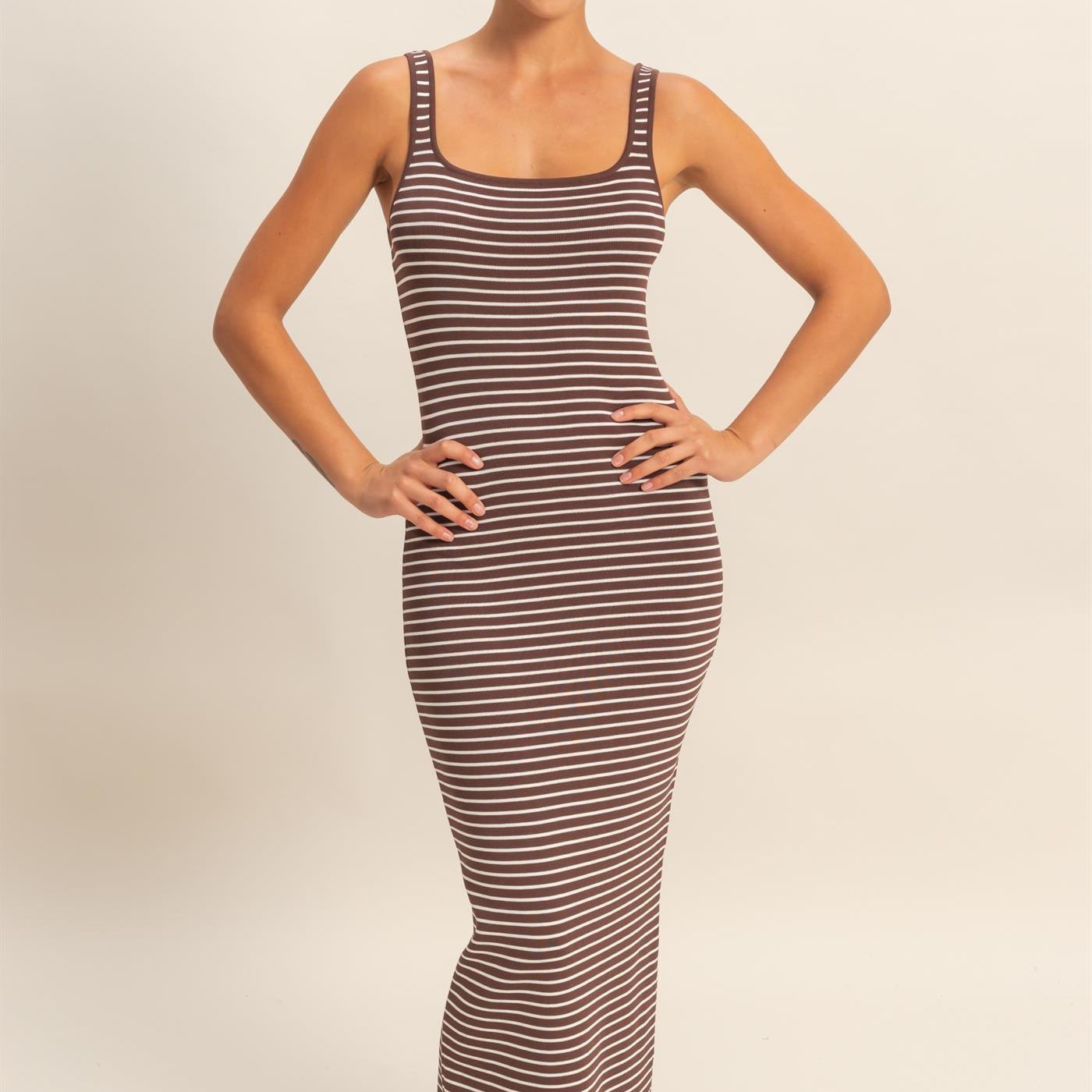 Wholesale Striped Bodycon Midi Dress With Back Slit Dresses DZ26C340 CHOCOLATE DOUBLE ZERO