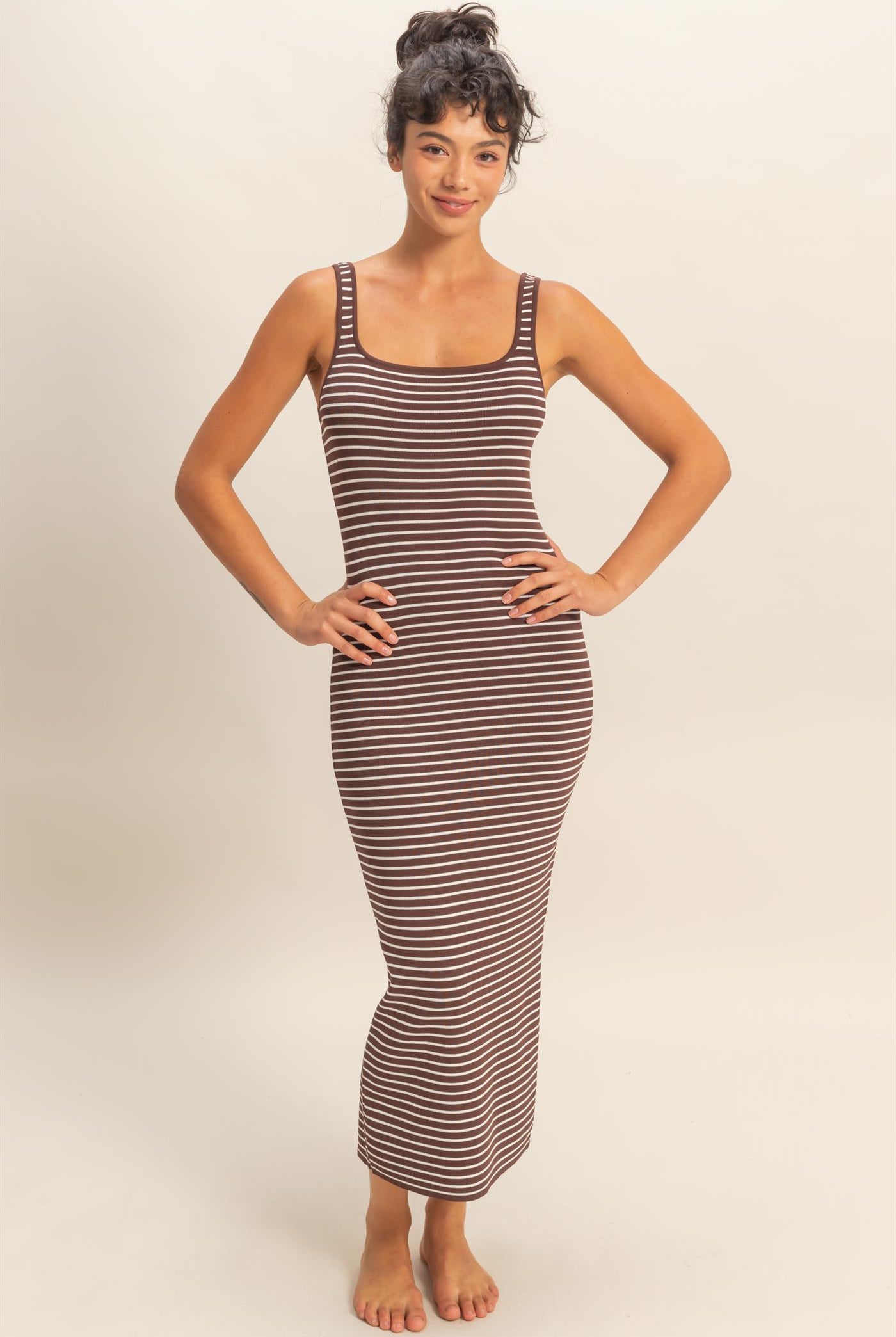 Wholesale Striped Bodycon Midi Dress With Back Slit Dresses DZ26C340 CHOCOLATE DOUBLE ZERO