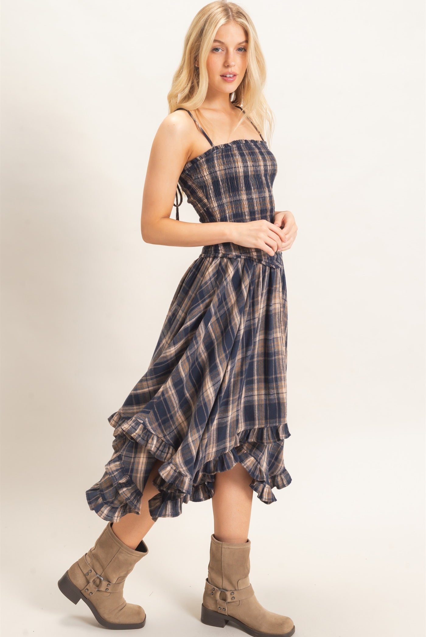Wholesale Plaid Smocked Spaghetti Strap Dress Dresses HF26F211 NAVY HYFVE