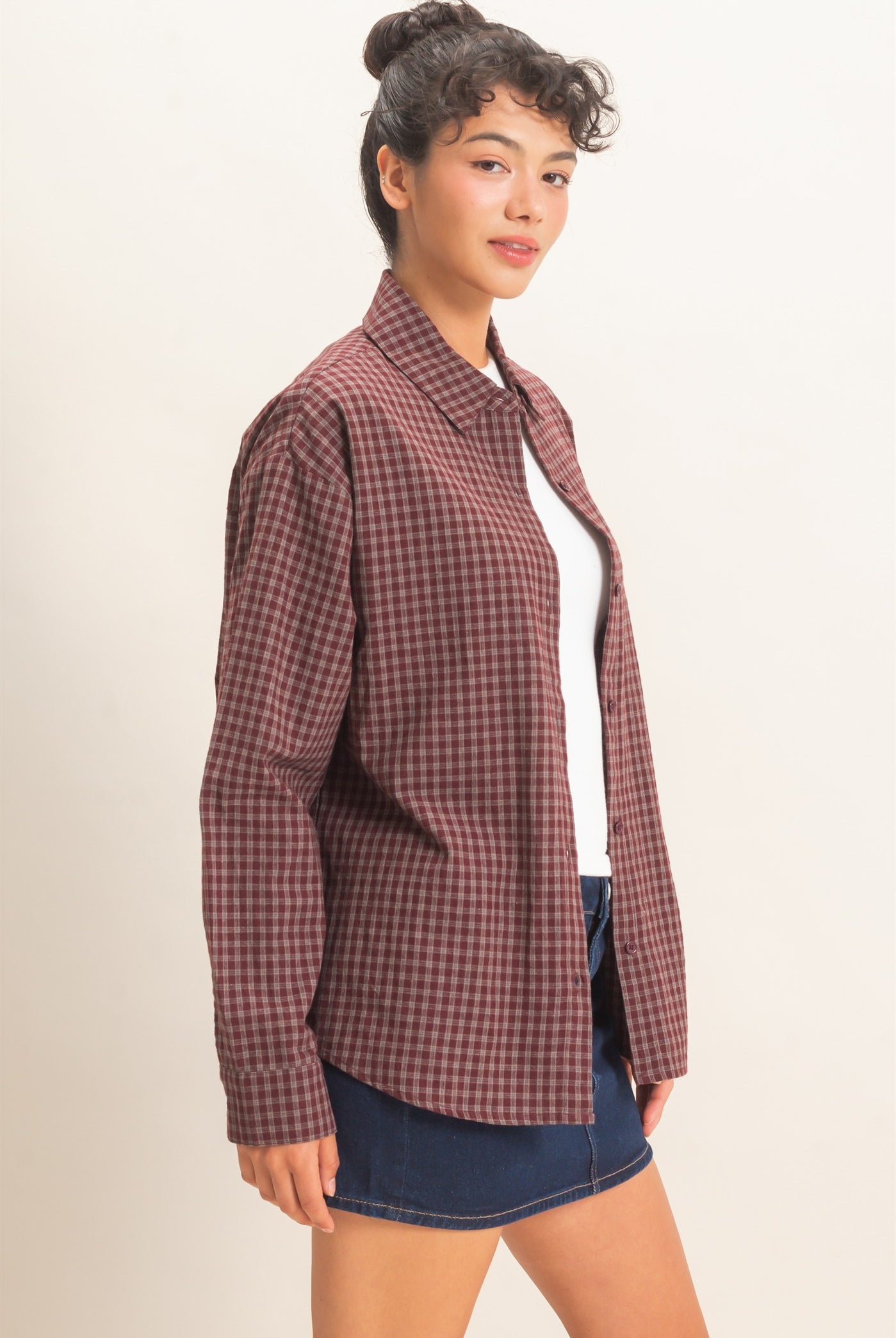 Wholesale Plaid Button-Up Shirt Shirts DZ26F012 BURGUNDY DOUBLE ZERO