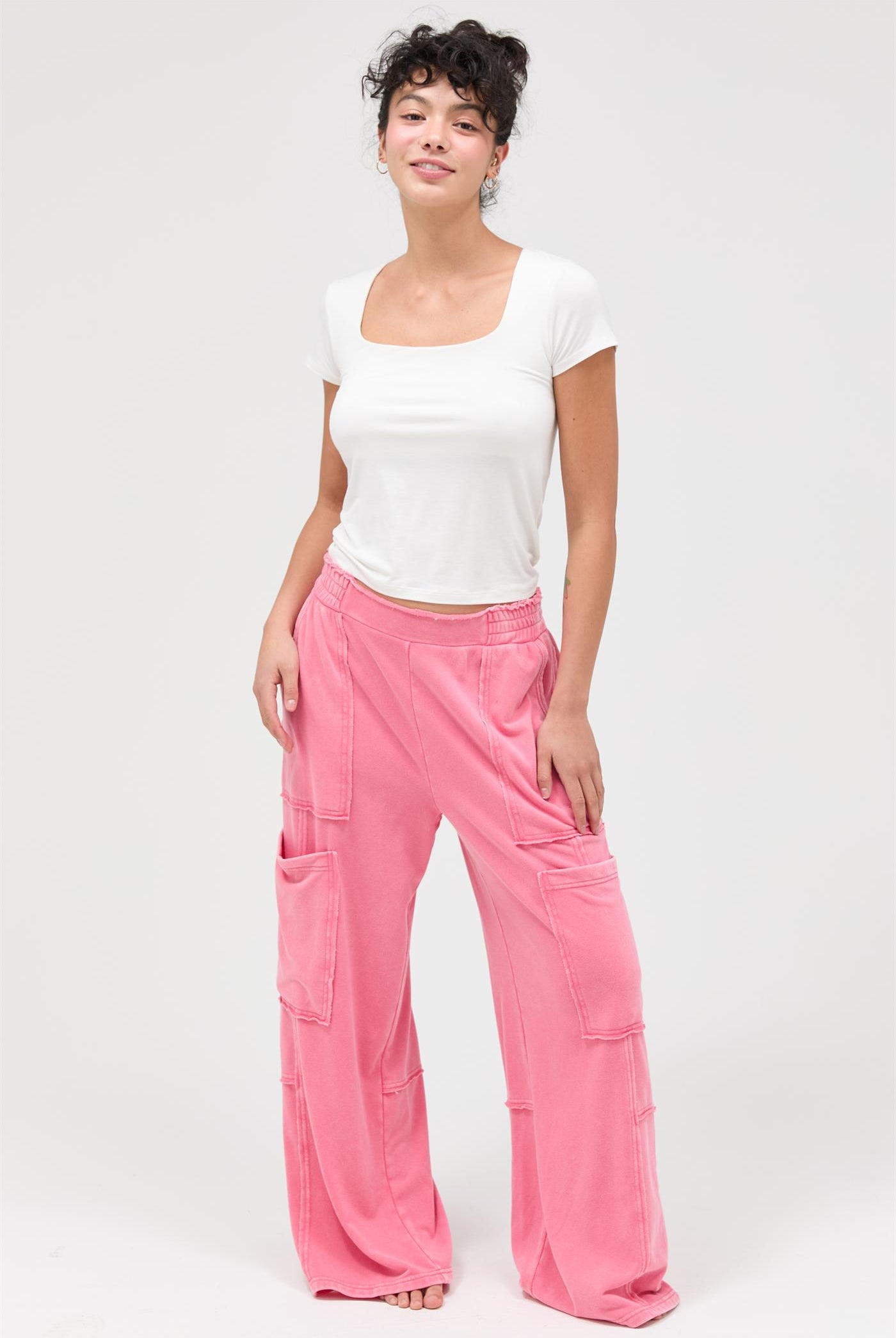 Wholesale Mineral Wash Wide Leg Cargo Pants Pants DZ26A256 TAFFY PINK DOUBLE ZERO