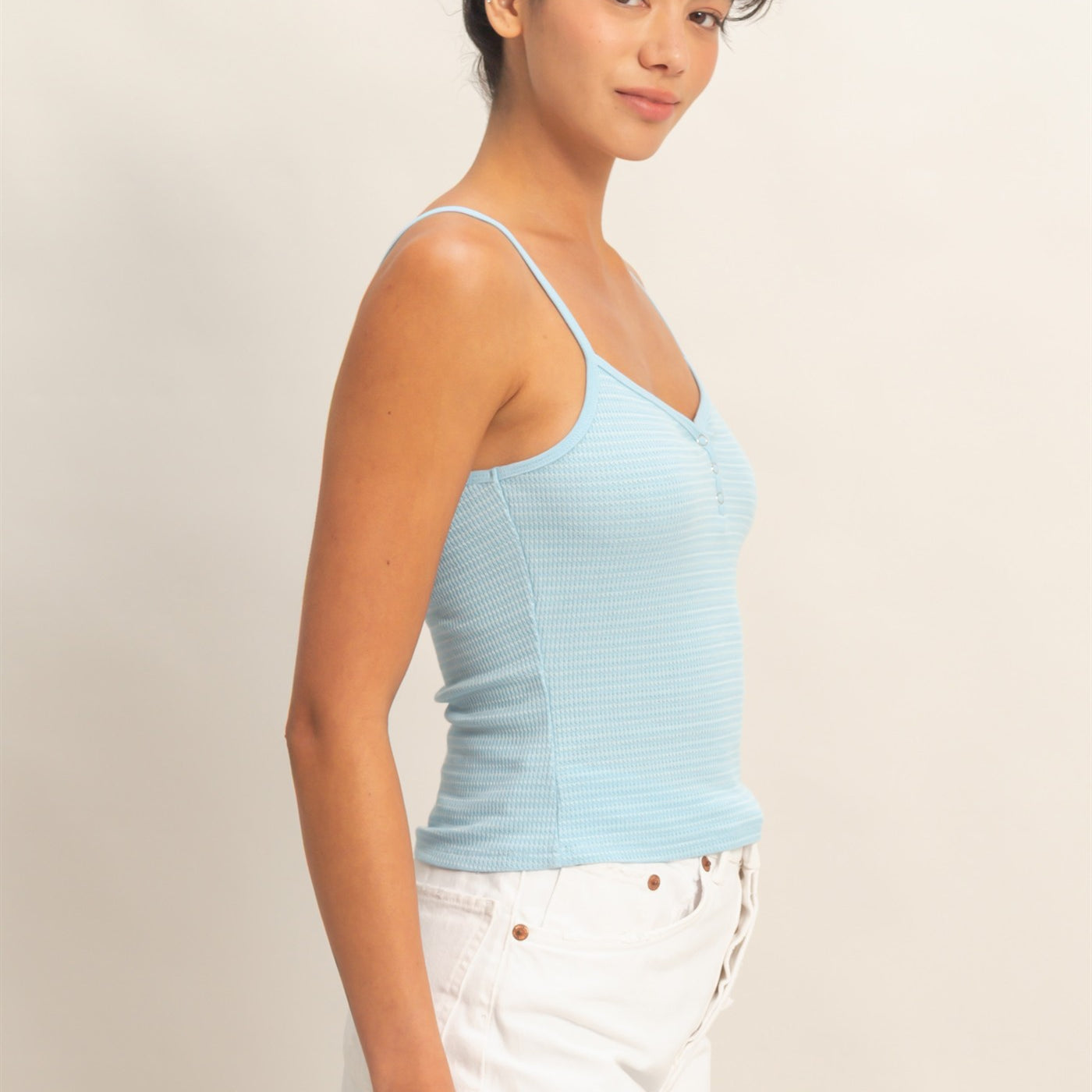 Wholesale Striped Snap-Button Henley Cami Top Camisoles DZ26A885 BABY BLUE DOUBLE ZERO