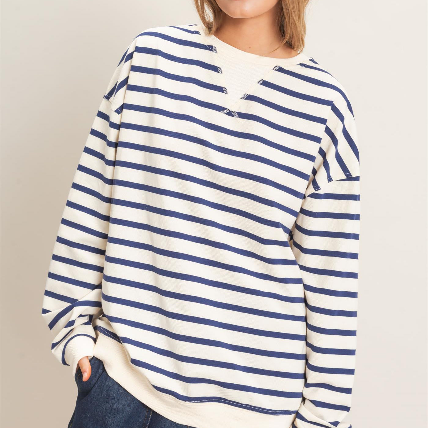 Wholesale Striped Long Sleeve Pullover Sweatshirts HF26F077 NAVY/CREAM HYFVE