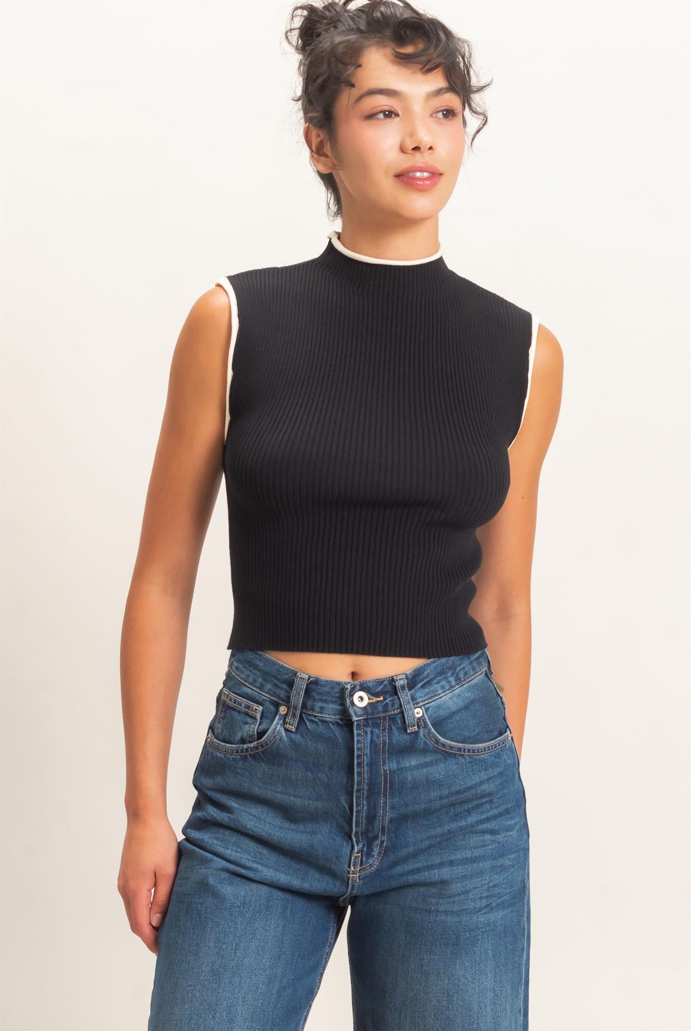 Wholesale Ribbed Mock Neck Sleeveless Top Clothing Tops DZ26E777 BLACK DOUBLE ZERO