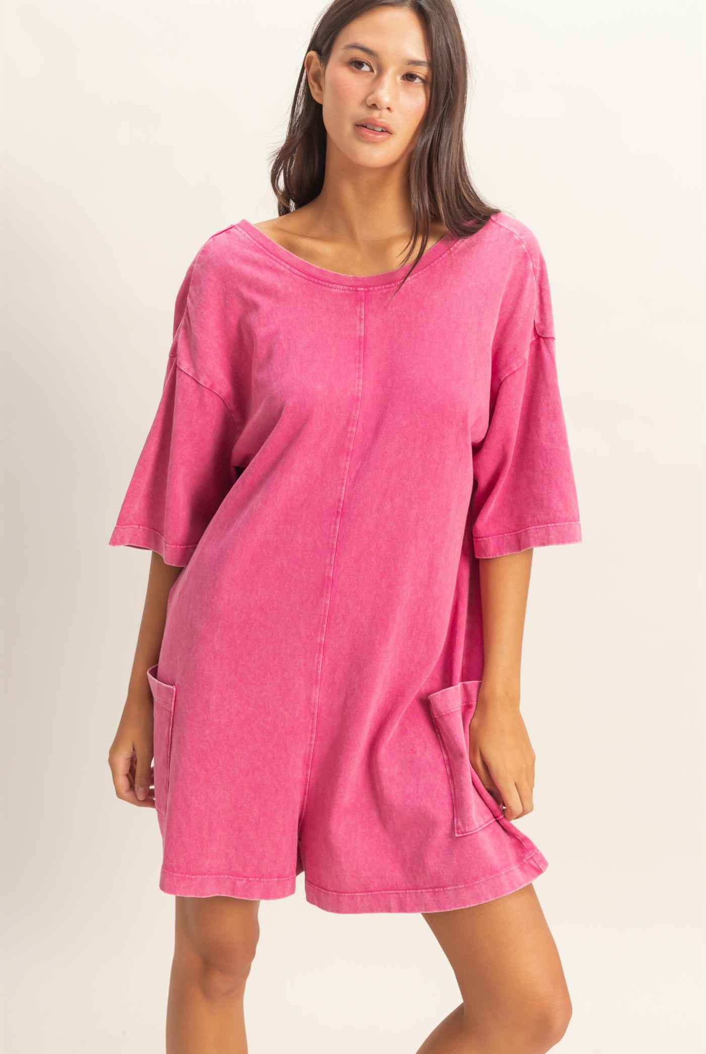 Wholesale Mineral Washed V-Back Romper Clothing DZ26A326 FUCHSIA HYFVE