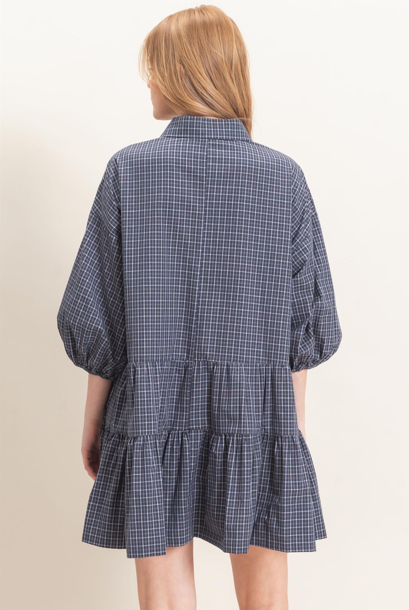 Wholesale Plaid Button-Down Tiered Dress Dresses HF26E795 NAVY HYFVE