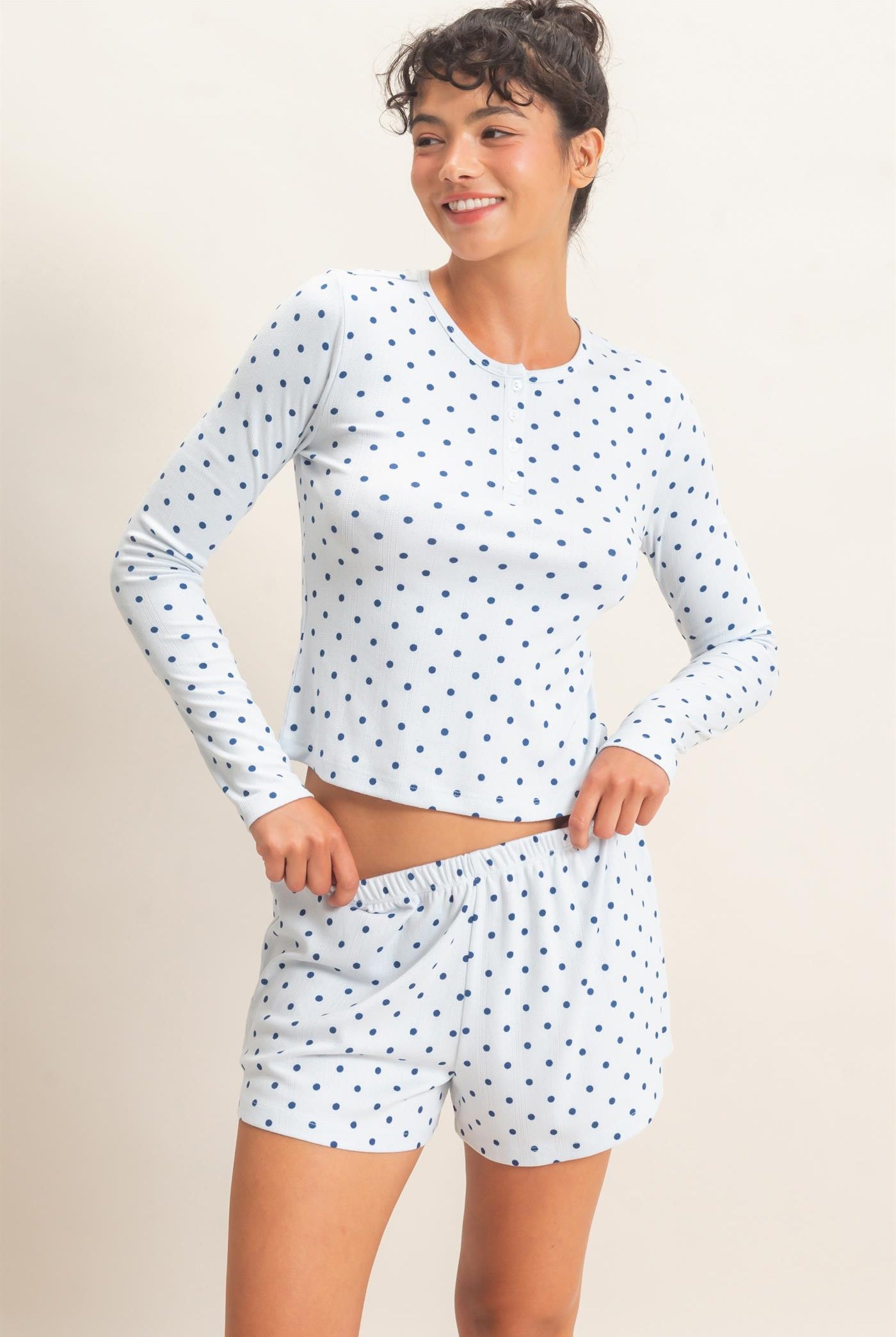 Wholesale Polka Dot Henley Long Sleeve Top & Shorts Set Clothing DZ27A154-SET LIGHT BLUE DOUBLE ZERO