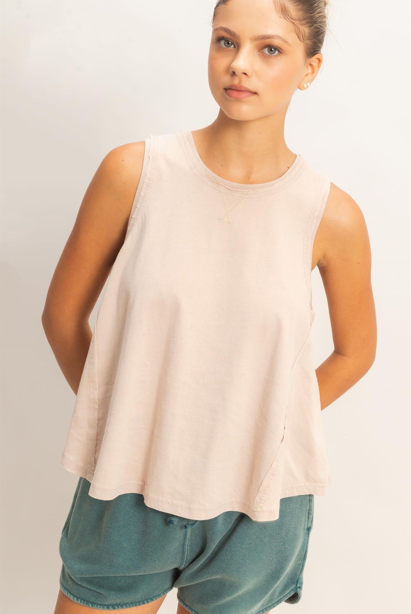 Wholesale Raw Edge Details Sleeveless Washed Top Clothing Tops DZ26E278 TAUPE DOUBLE ZERO