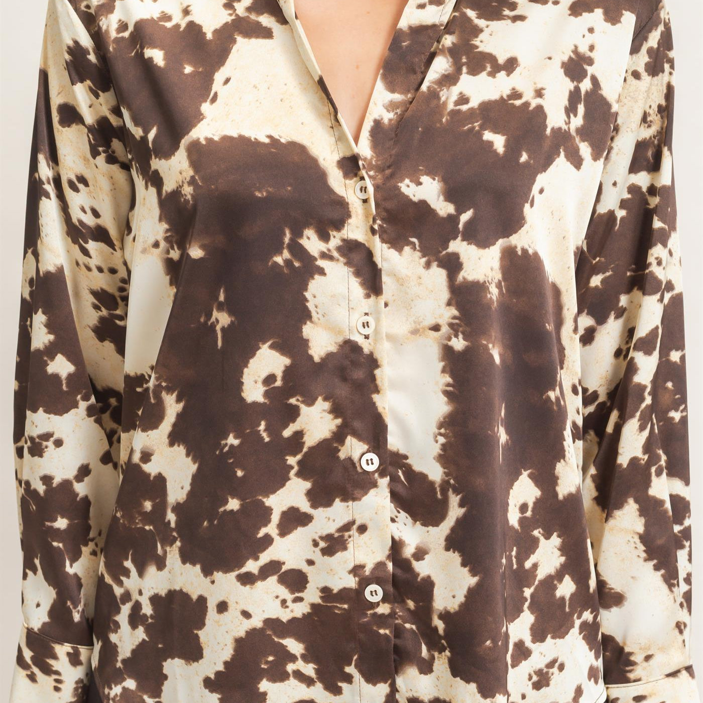 Wholesale Satin Cow Print Button-Up Shirt Clothing Tops HF26E554 BROWN HYFVE