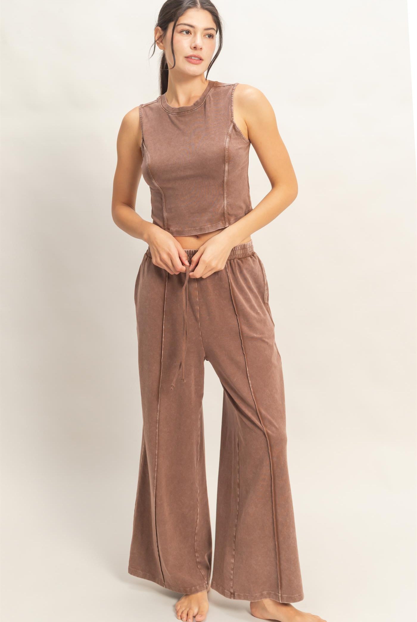 Wholesale Mineral Washed Sleeveless Top & Wide Leg Pants Set Clothing DZ26A371-SET CHOCOLATE DOUBLE ZERO