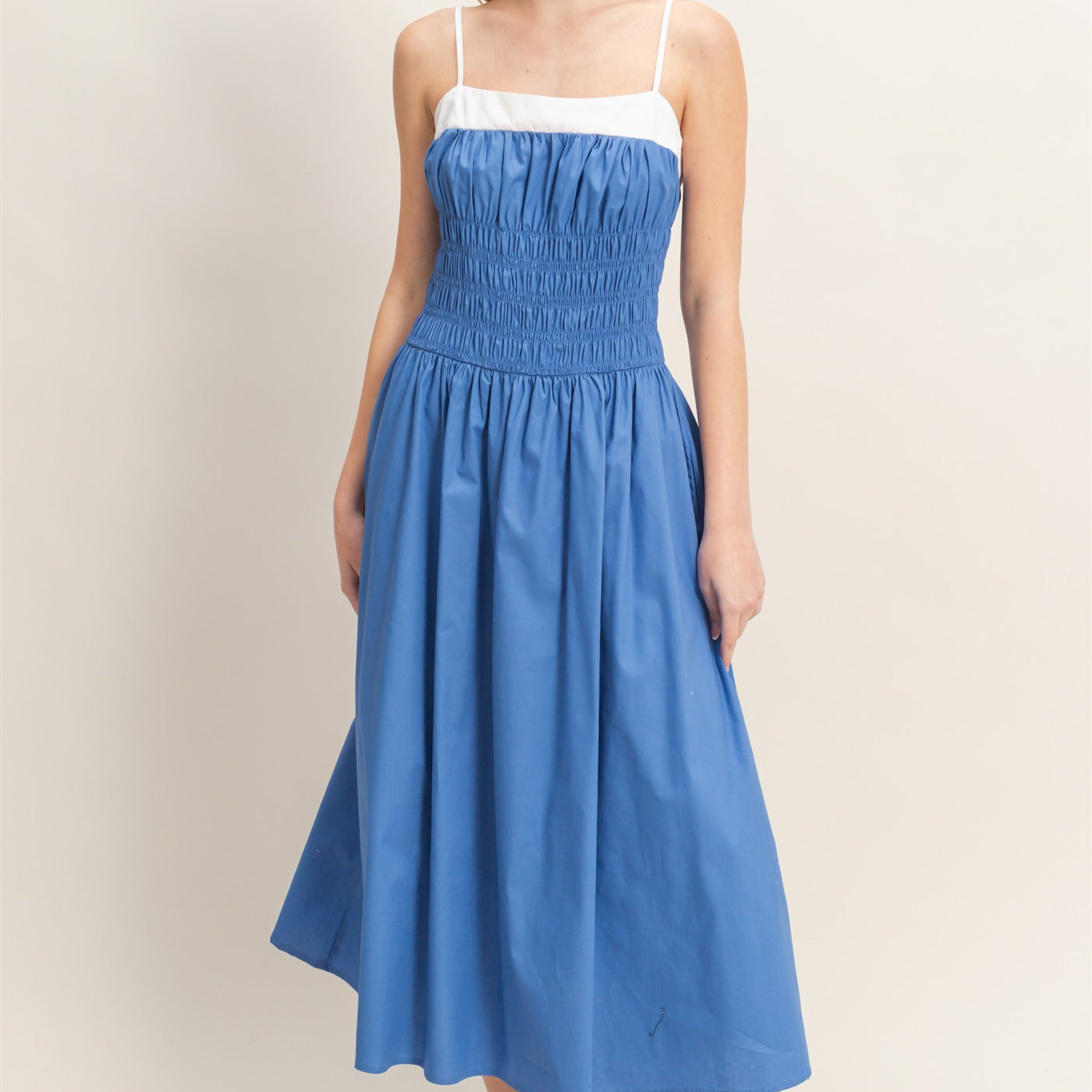 Wholesale Smocked Strapped Midi Dress Dresses HF26A624 BLUE HYFVE