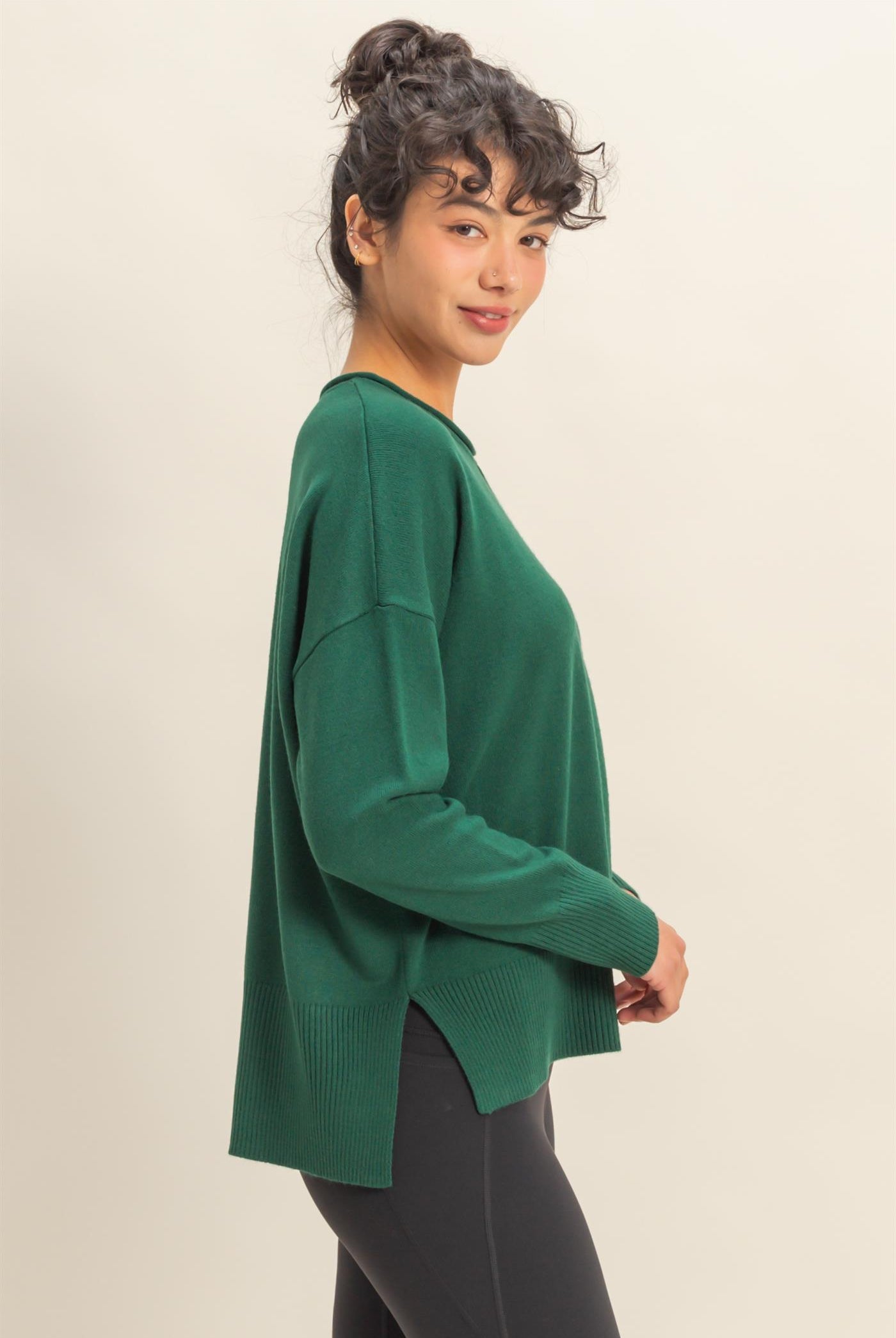 Wholesale Not A Player Roll Neck Drop Shoulder Sweater Sweaters DZ25C938 DARK GREEN DOUBLE ZERO