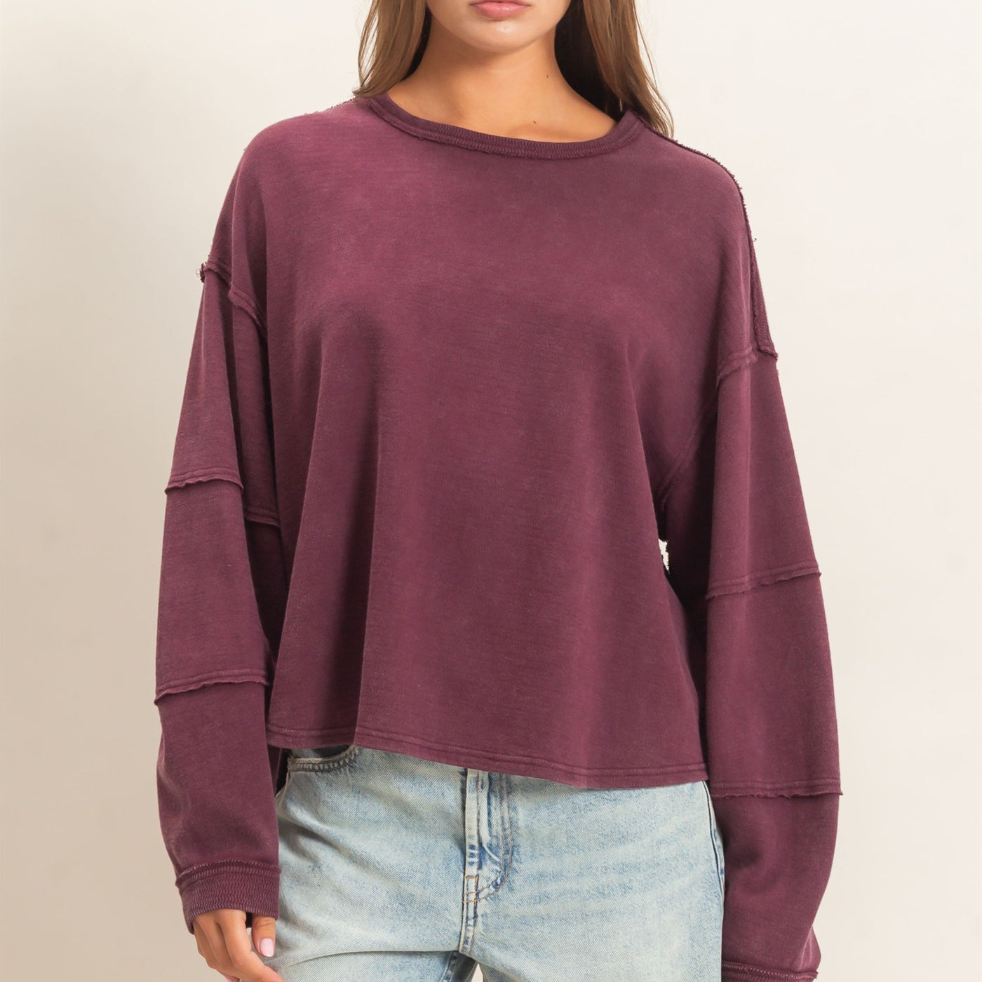 Wholesale Mineral Wash Overzised Raw Edge Crew Neck Top Clothing Tops DZ26E449 DARK CHERRY DOUBLE ZERO