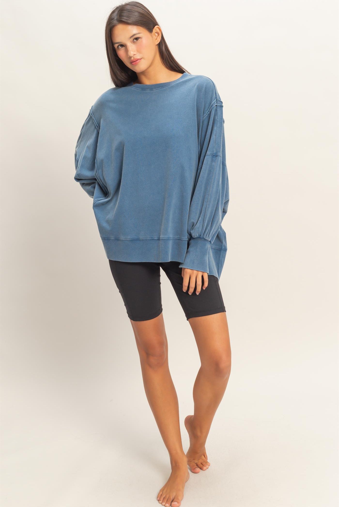 Wholesale Oversized Seam Detail Long Sleeve Top Sweatshirts DZ26C774 NAVY DOUBLE ZERO
