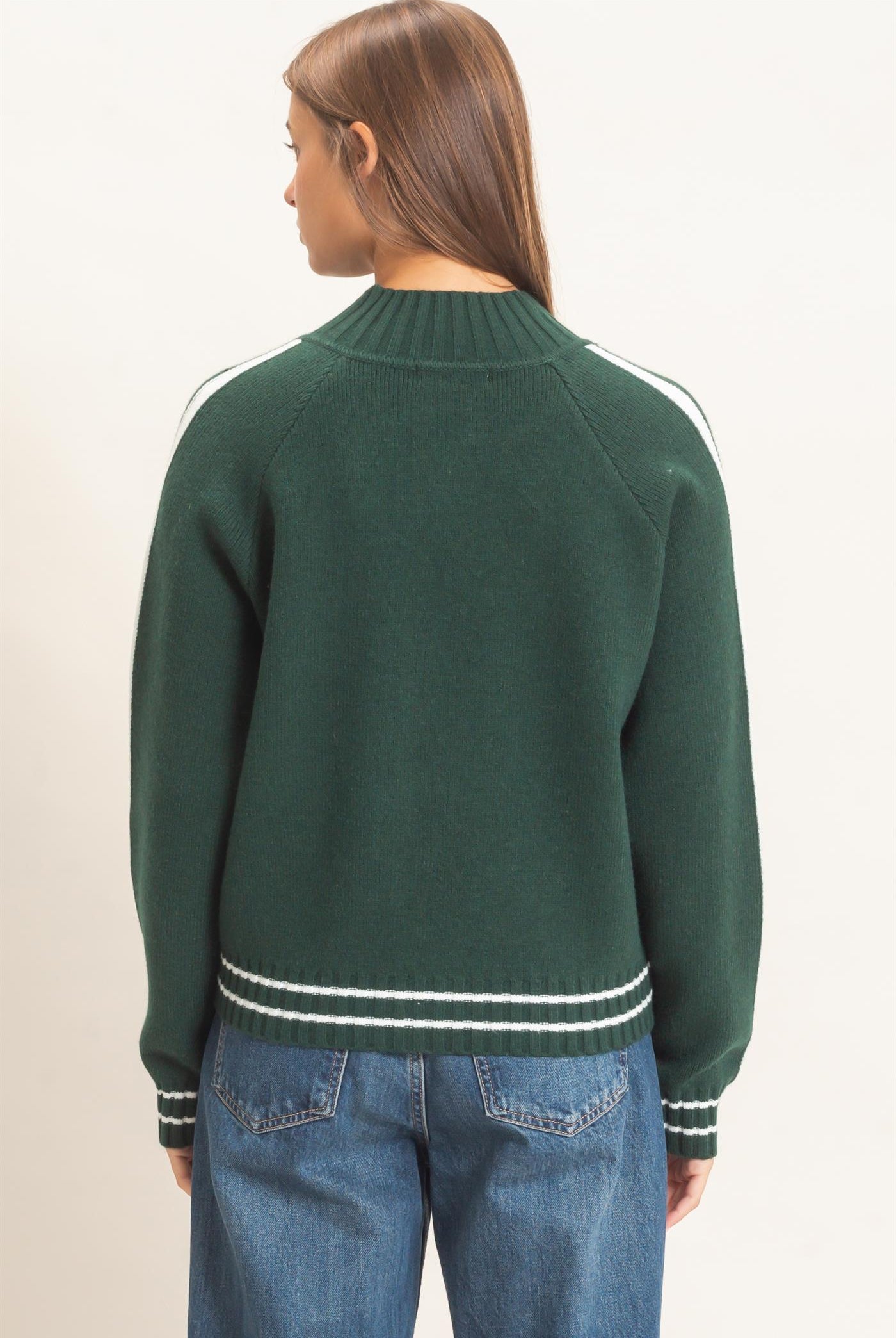 Wholesale Contrast Stripe Zip-Up Sweater Sweaters DZ26E861 DARK GREEN DOUBLE ZERO