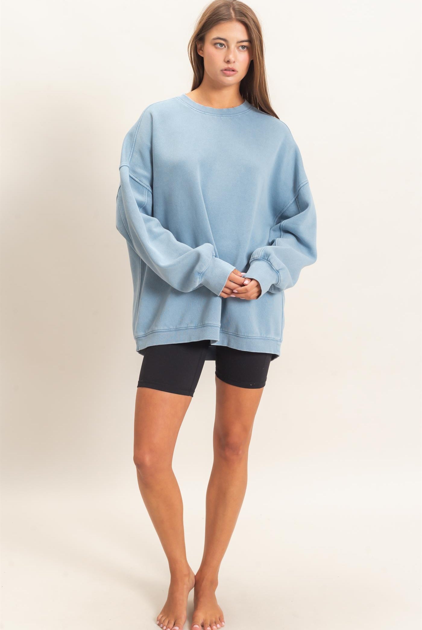 Wholesale Acid Wash Crew Neck Long Sleeve Sweatshirt Sweatshirts DZ26E268 DUSTY BLUE DOUBLE ZERO