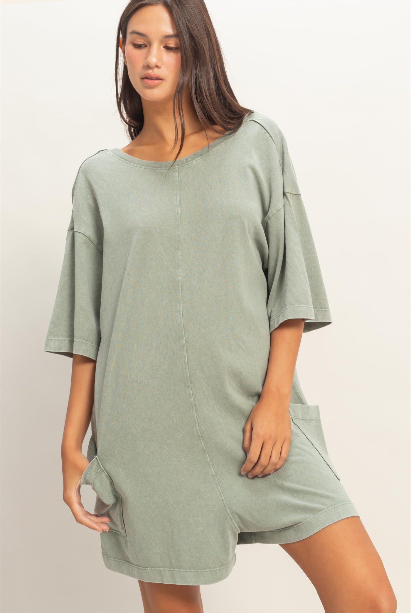 Wholesale Mineral Washed V-Back Romper Clothing DZ26A326 SAGE GREEN HYFVE