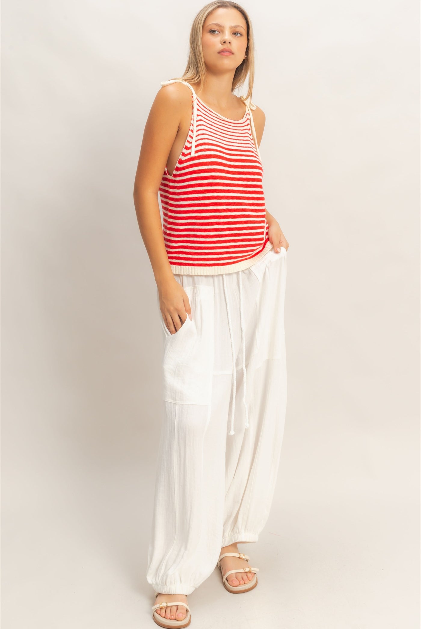 Wholesale Striped Knit Tie-Strap Tank Sweaters HF26A184 RED HYFVE