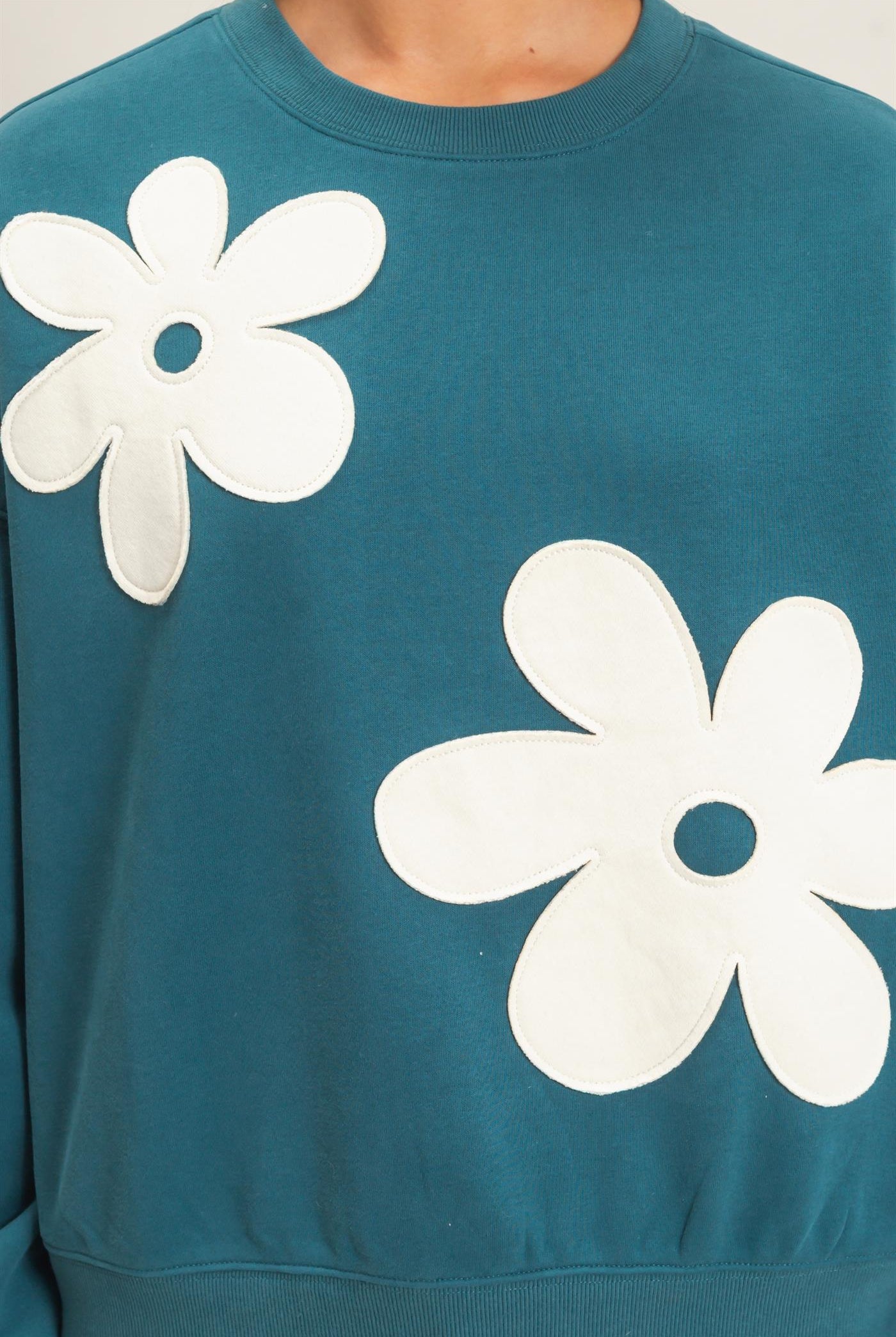Wholesale Floral Applique Crew Neck Sweatshirt Sweatshirts DZ26E708 DARK TEAL DOUBLE ZERO