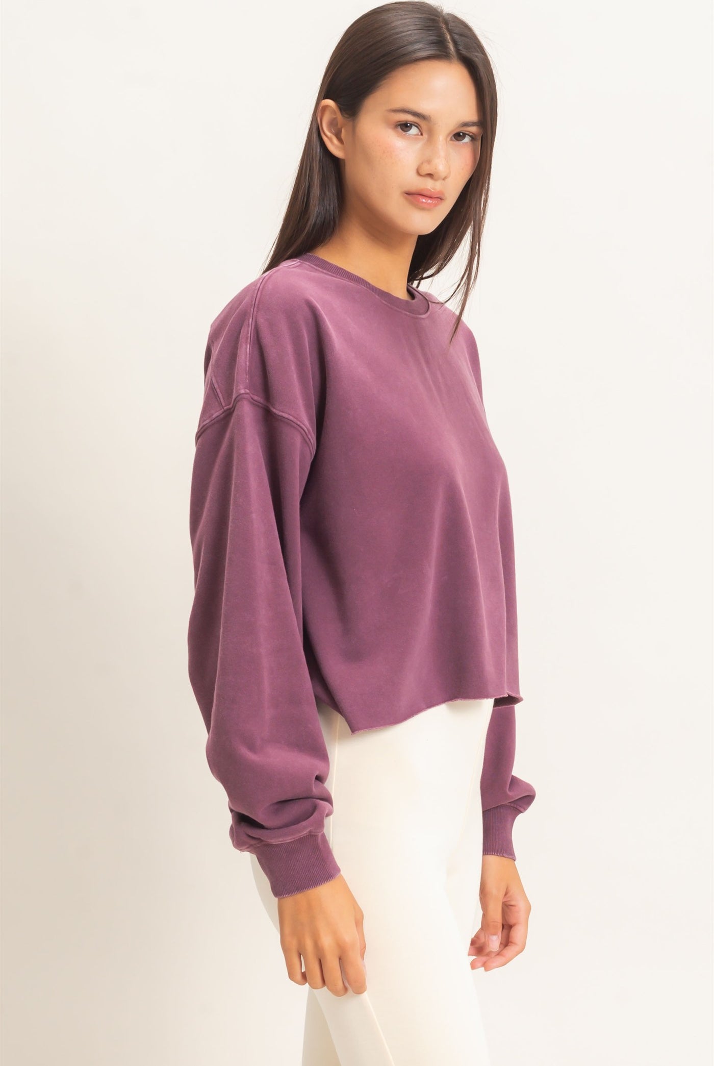 Wholesale Mineral Wash Raw Hem Cropped Sweatshirt Sweatshirts DZ26C968 DARK CHERRY DOUBLE ZERO