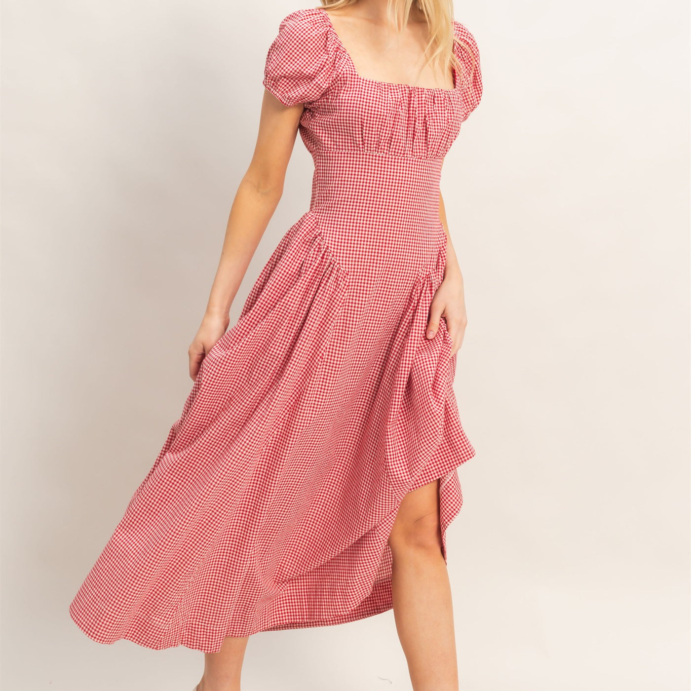 Wholesale Gingham Puff Sleeve Dress Dresses HF26A321 RED HYFVE