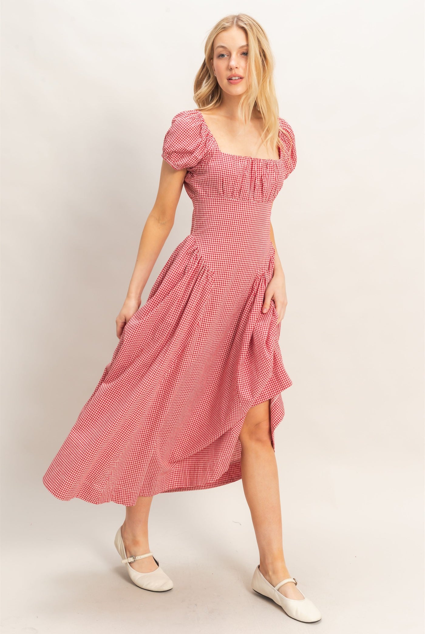 Wholesale Gingham Puff Sleeve Dress Dresses HF26A321 RED HYFVE