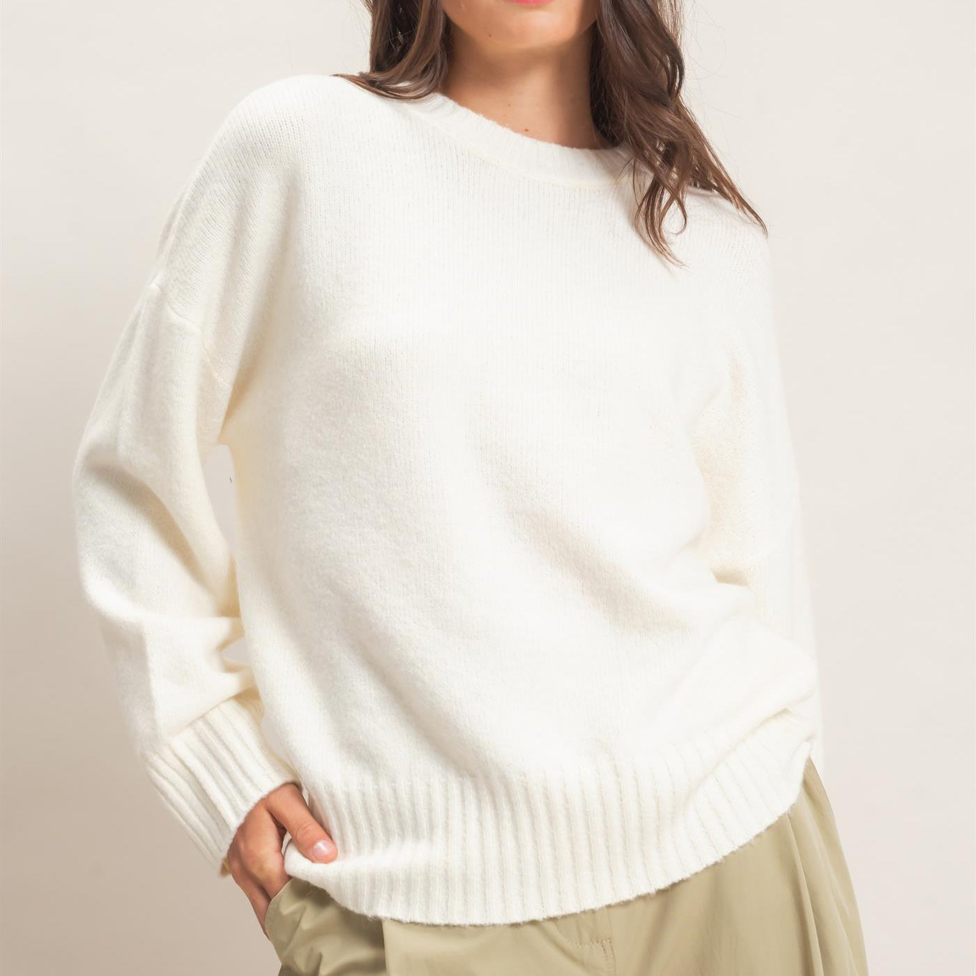 Wholesale Ribbed Crew Neck Sweater Sweaters HF26F179-D CREAM HYFVE