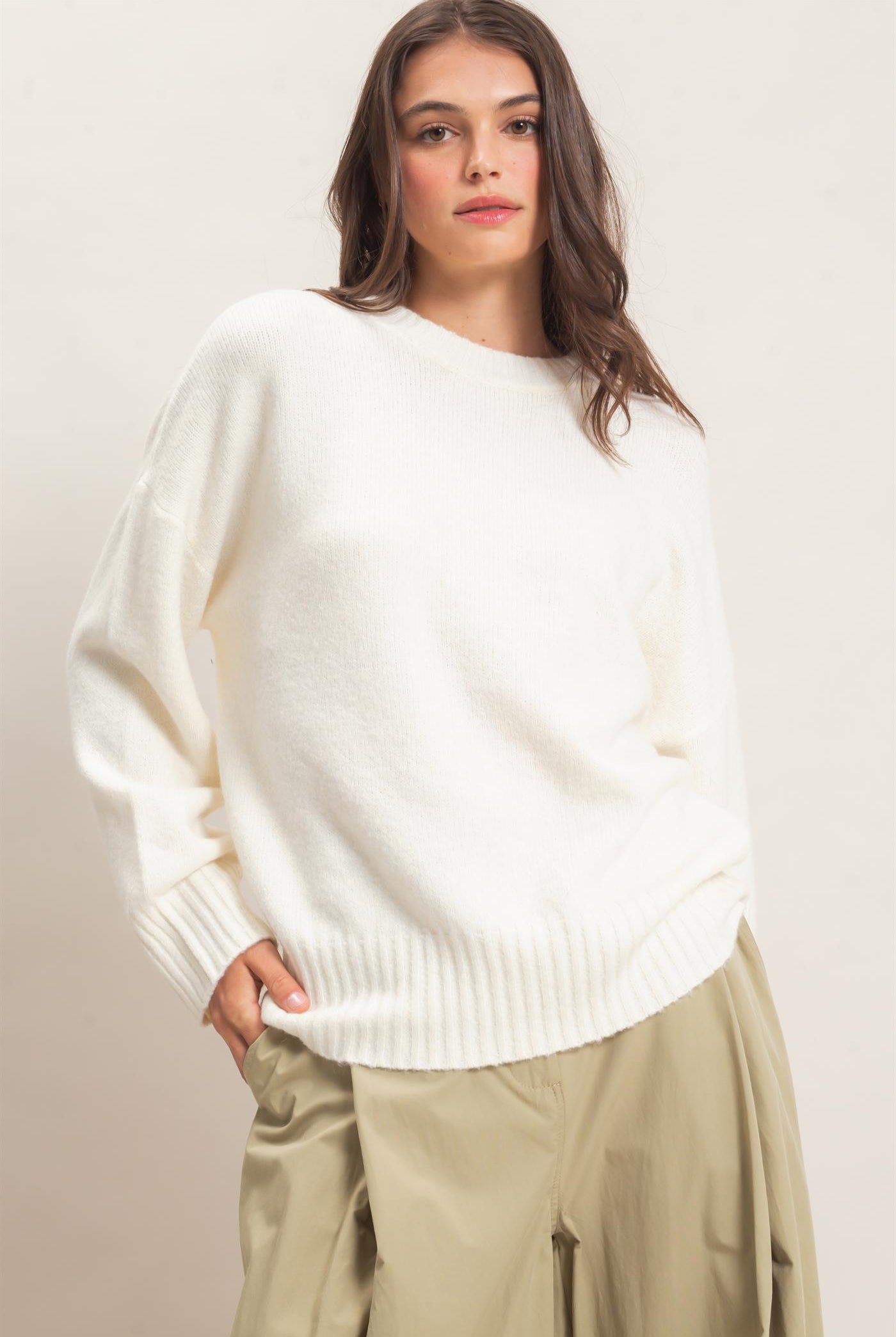 Wholesale Ribbed Crew Neck Sweater Sweaters HF26F179-D CREAM HYFVE