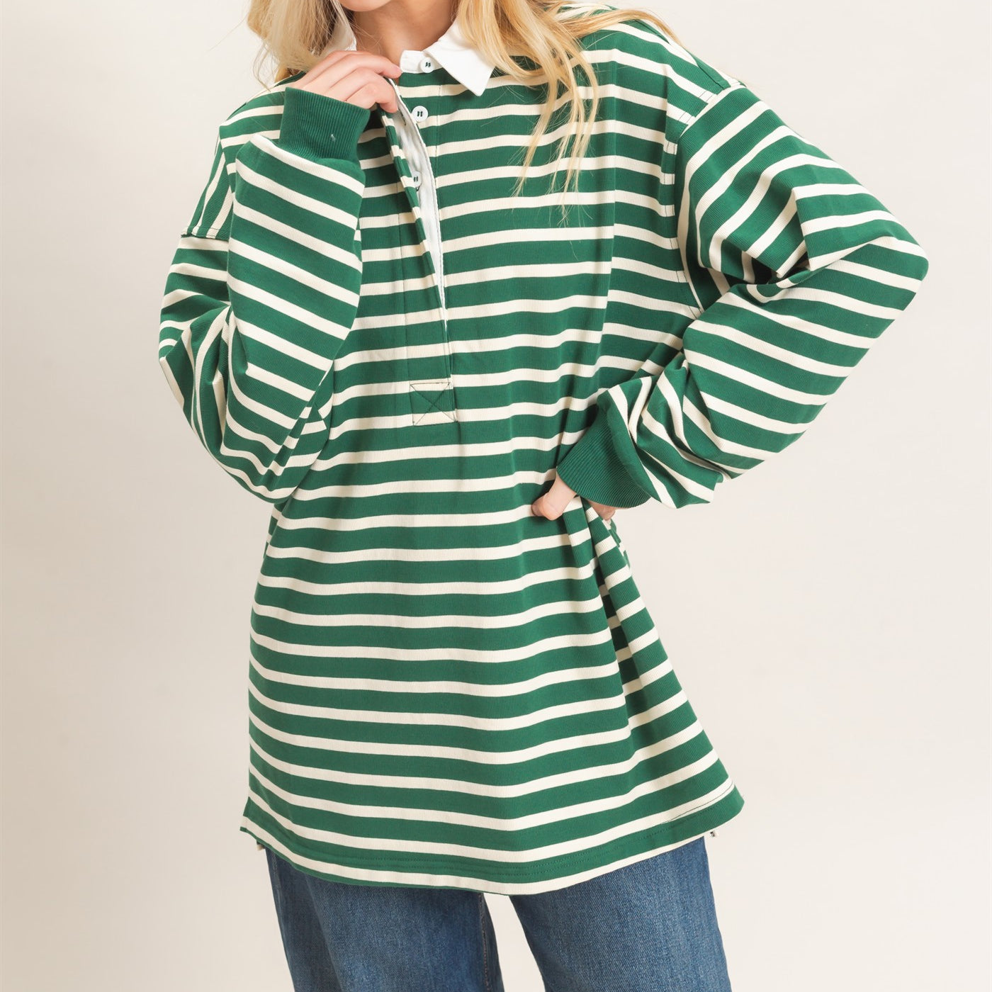 Wholesale Striped Polo Long Sleeve Top Clothing Tops HF26F078 GREEN/CREAM HYFVE